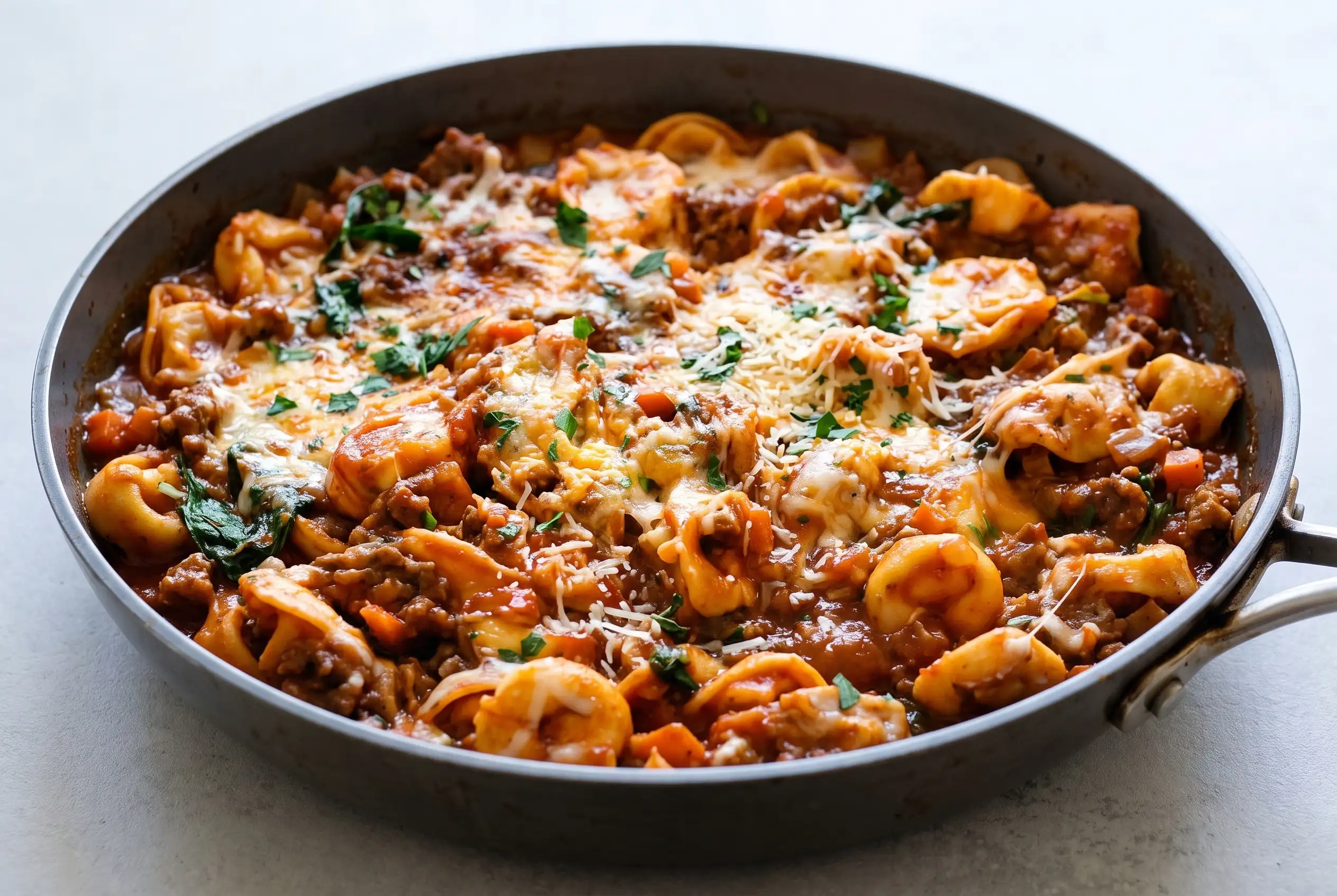 Baked tortellini with sausage, tomato sauce, spinach, and melted mozzarella in a skillet