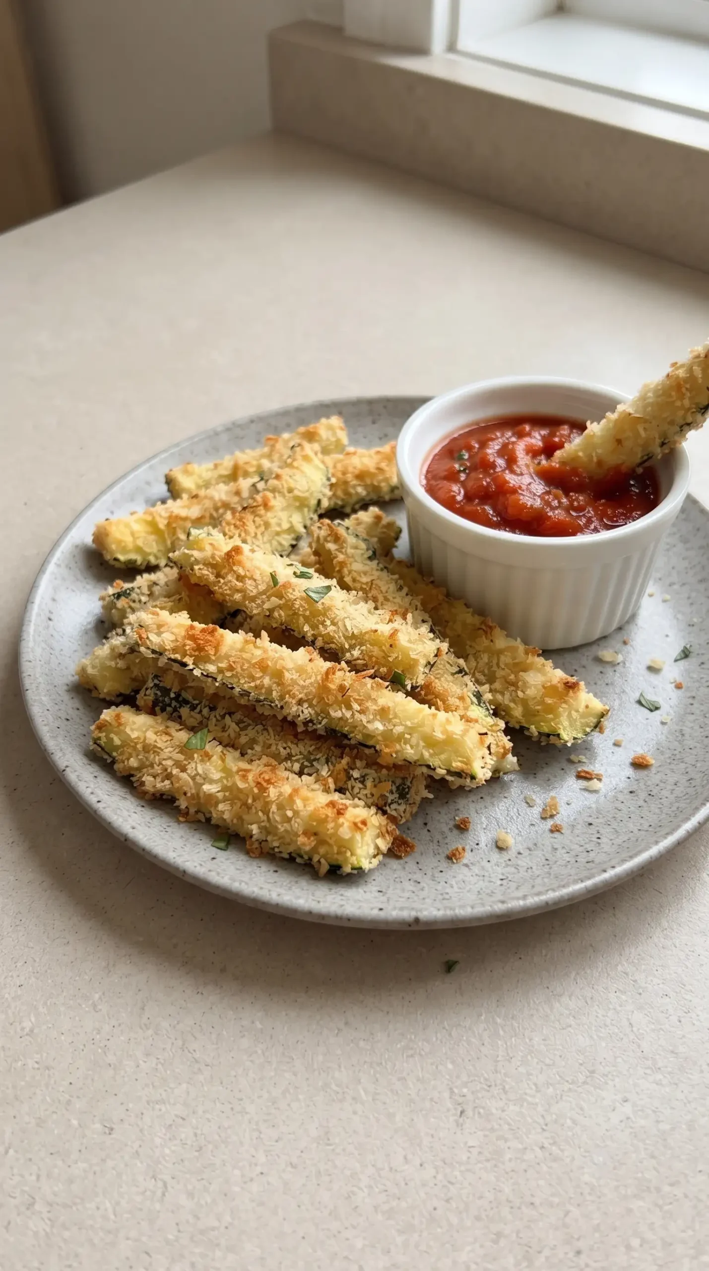 Golden baked zucchini fries served with a side of marinara dipping sauce