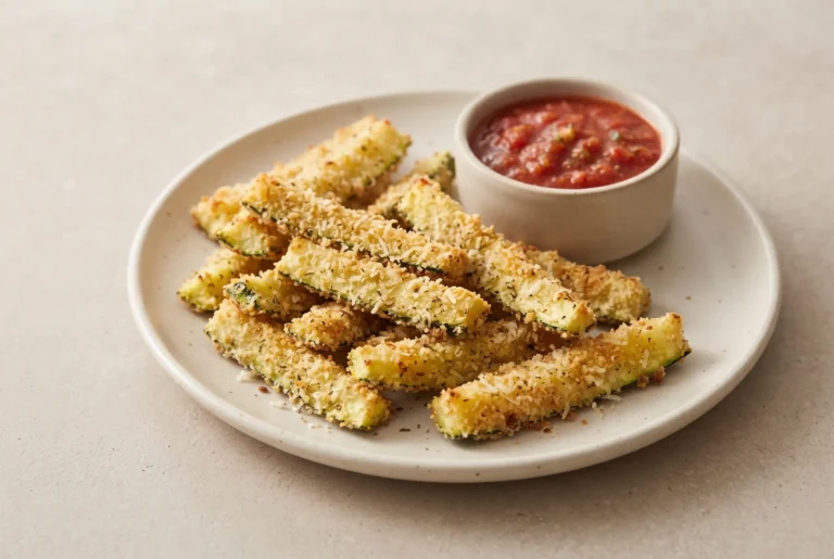 Baked zucchini fries with seasoned breadcrumb coating and marinara dipping sauce on a plate