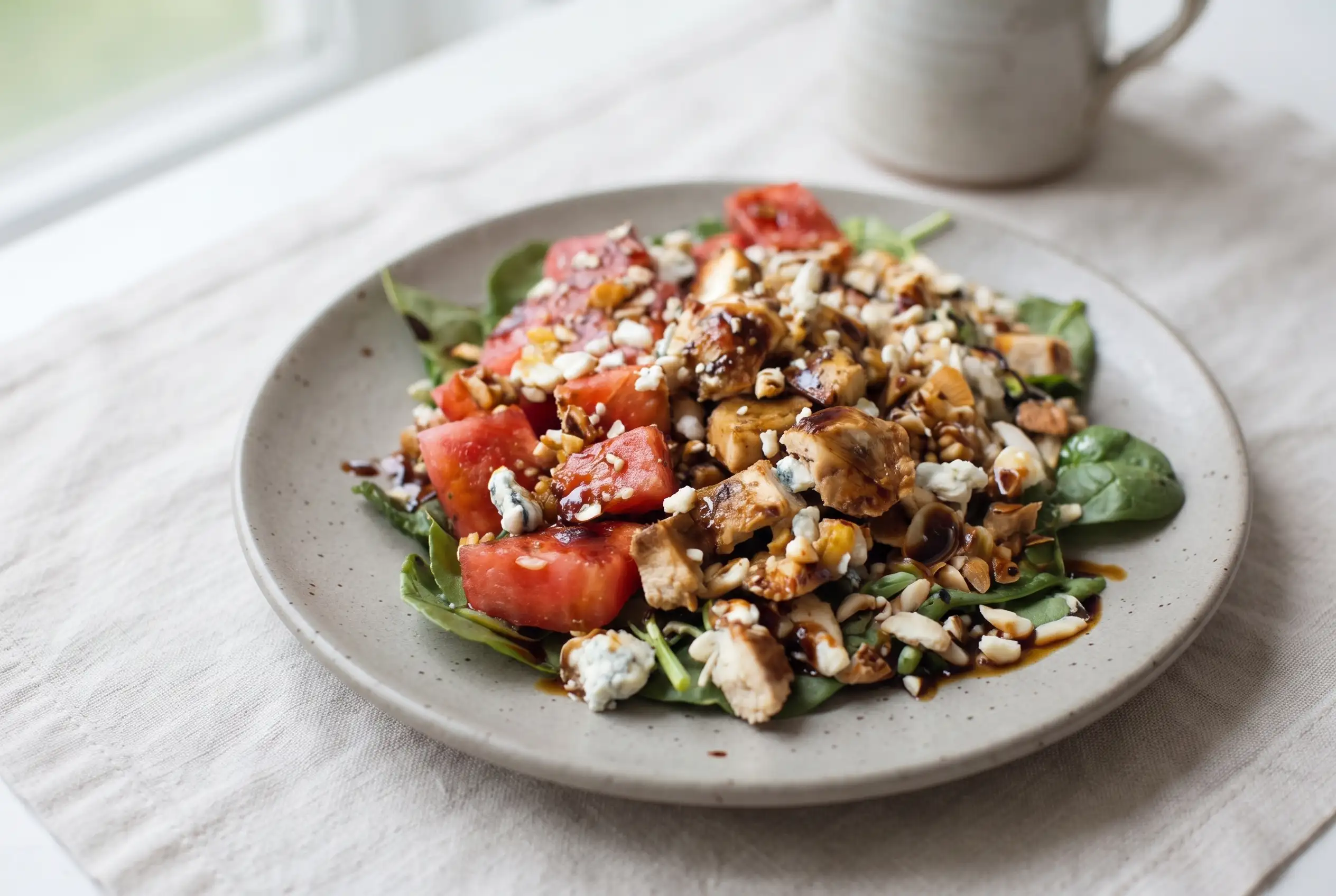 Watermelon chicken salad with grilled chicken, blue cheese, almonds, spinach, and balsamic drizzle