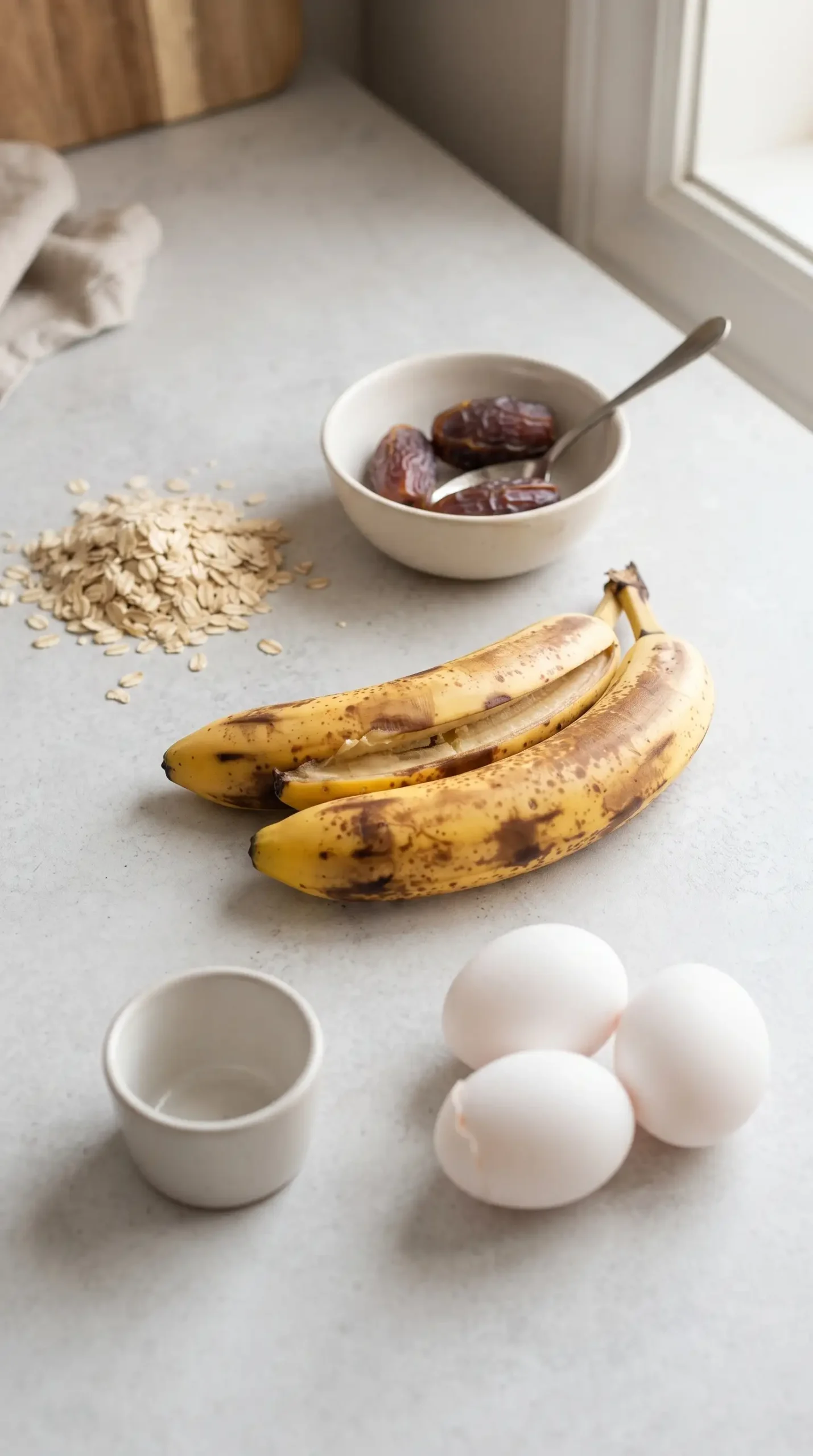 Rolled oats, bananas, dates, and eggs for banana bread muffins