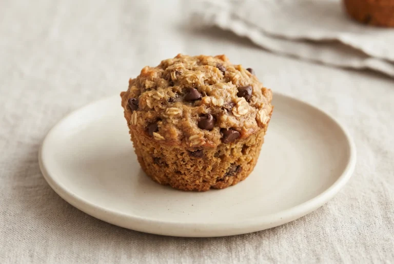 Banana bread muffin with oats and dates on a ceramic plate