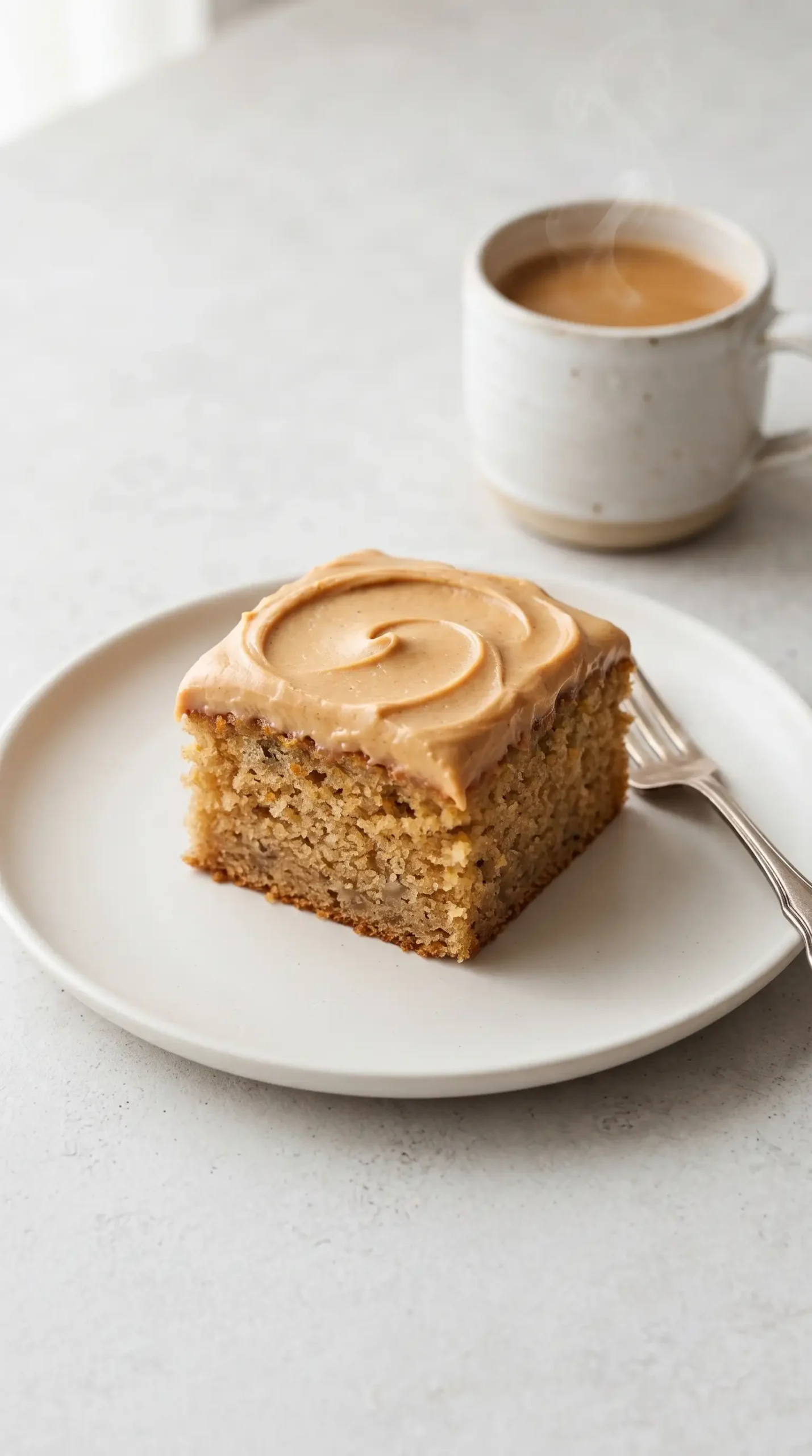 Square portions of banana cake with peanut butter frosting ready to serve