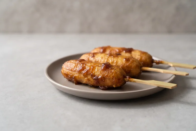 Banana cue with caramelized brown sugar coating served on skewers