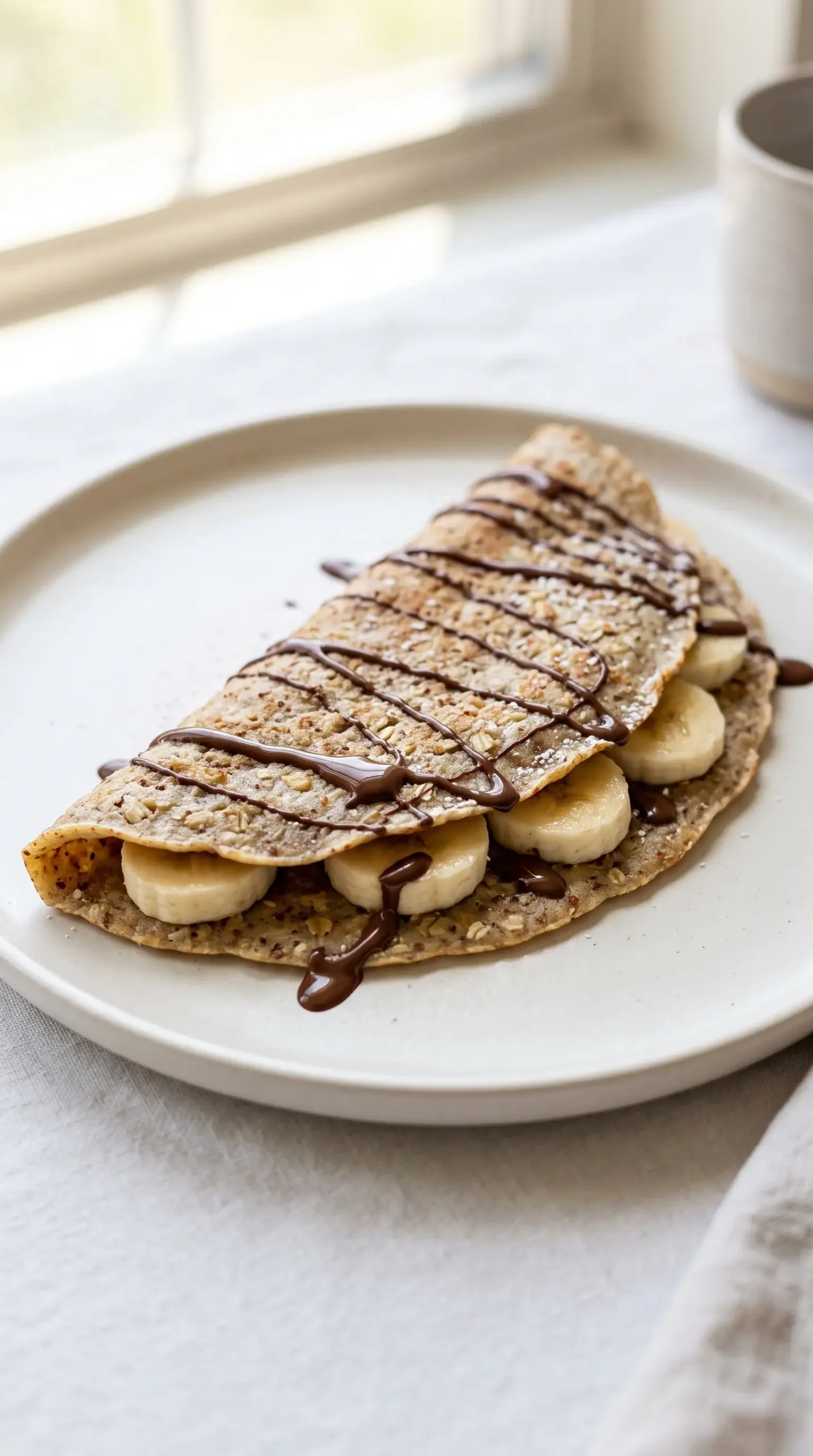 Folded almond oat crepe filled with banana and topped with melted chocolate