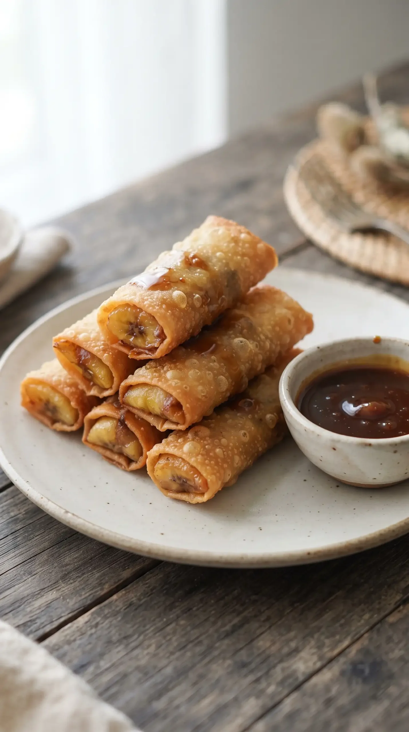 Finished banana lumpia turon served with coconut caramel dipping sauce