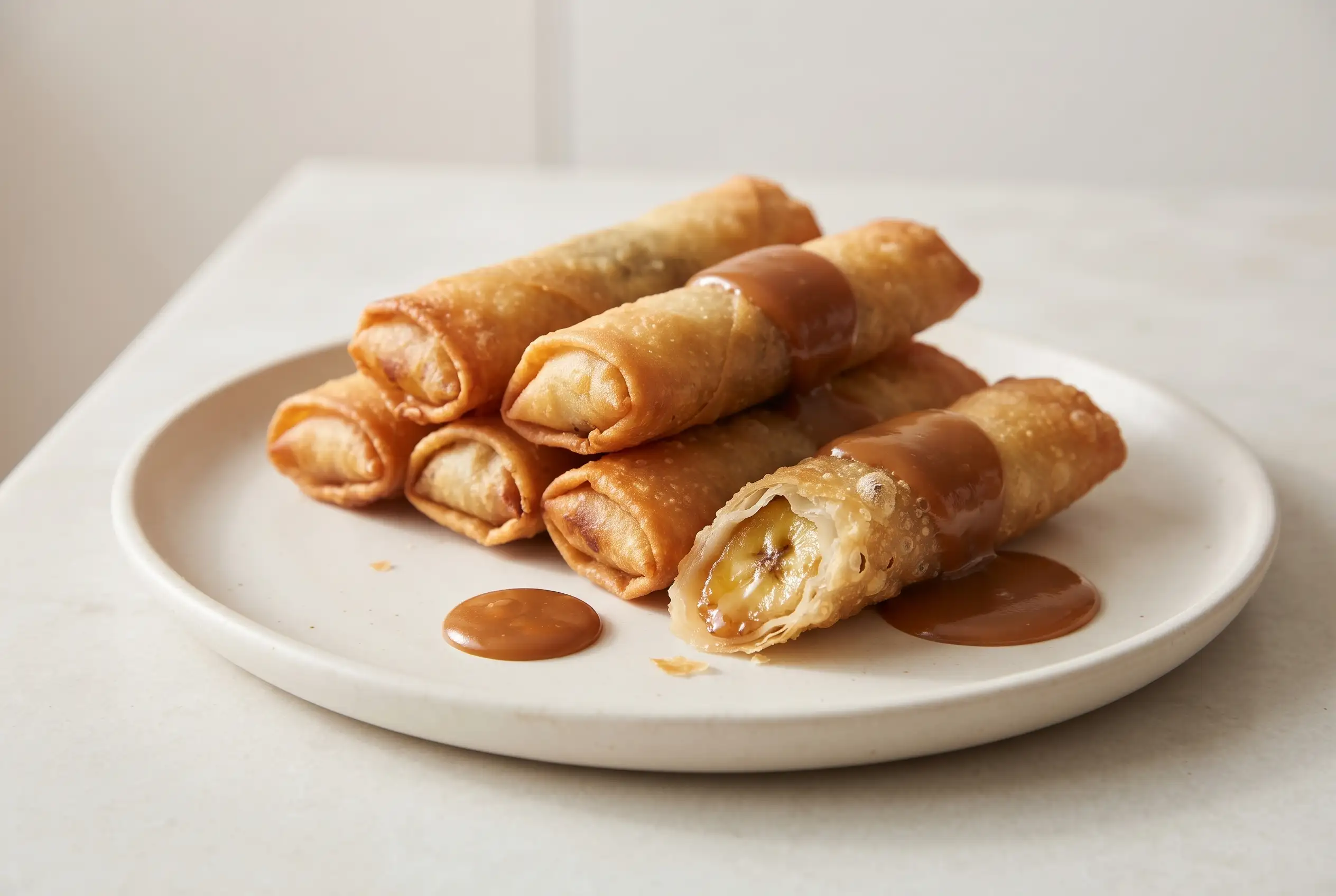 Banana lumpia turon with crisp fried wrappers and coconut caramel sauce on a ceramic plate