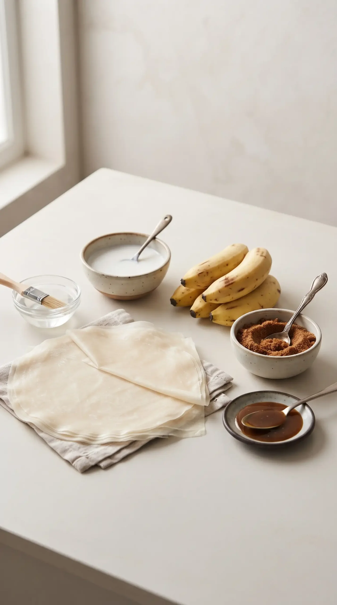 Lumpia wrappers, bananas, coconut milk, and brown sugar for banana lumpia preparation