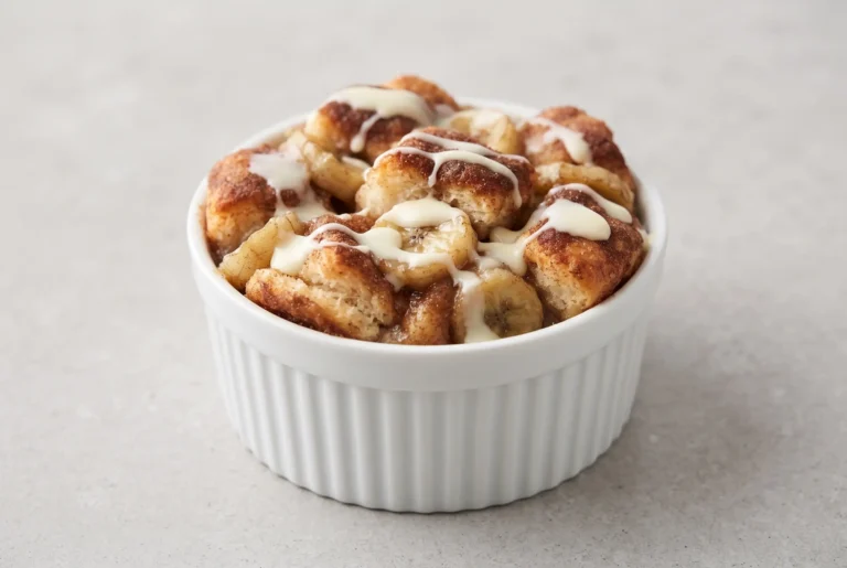 Banana monkey bread with cinnamon sugar biscuit pieces and white chocolate drizzle in a ramekin