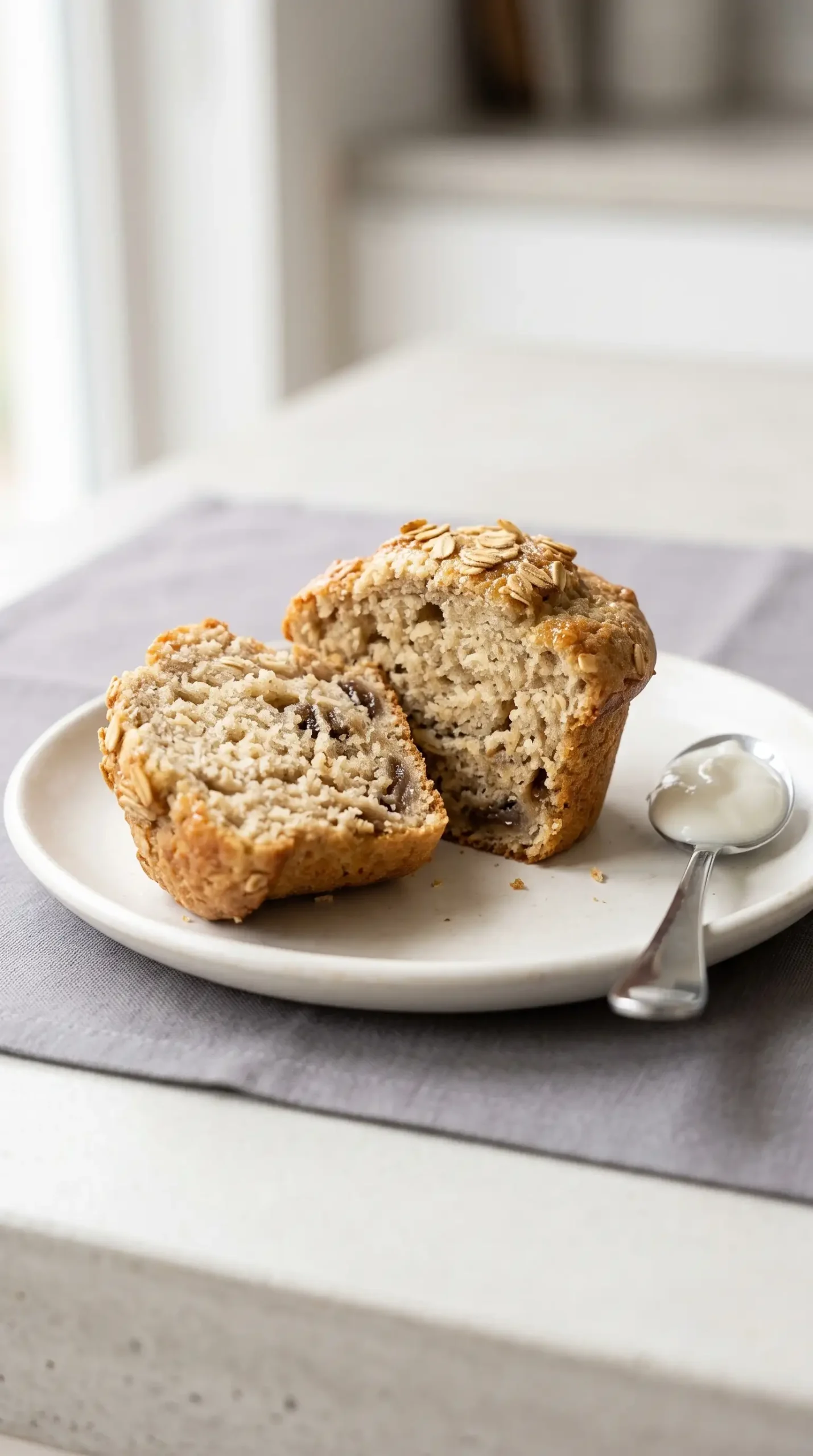 Caramelized banana oat muffin showing its tender crumb and oat topping