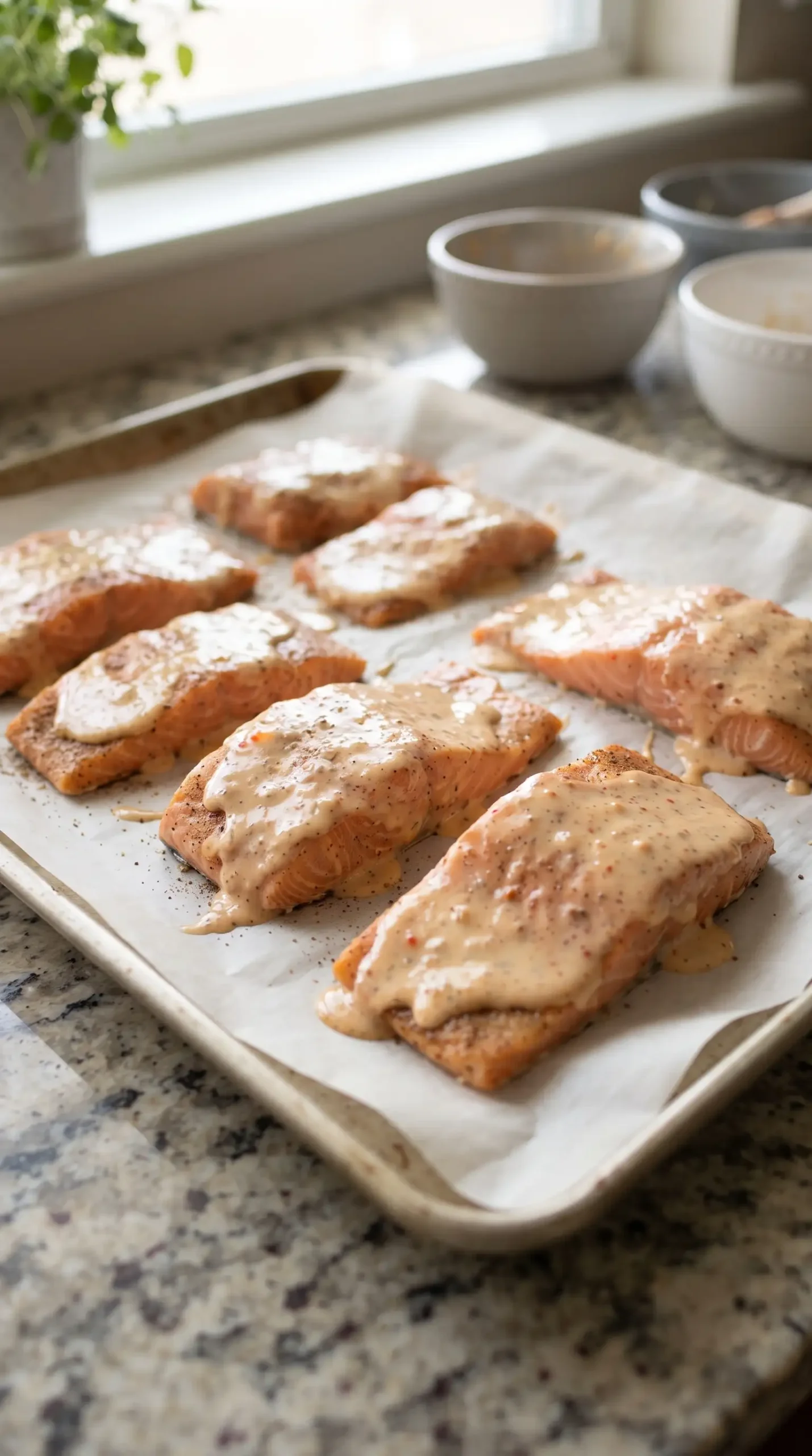 Seasoned salmon portions coated with sweet chili mayo sauce on a baking sheet