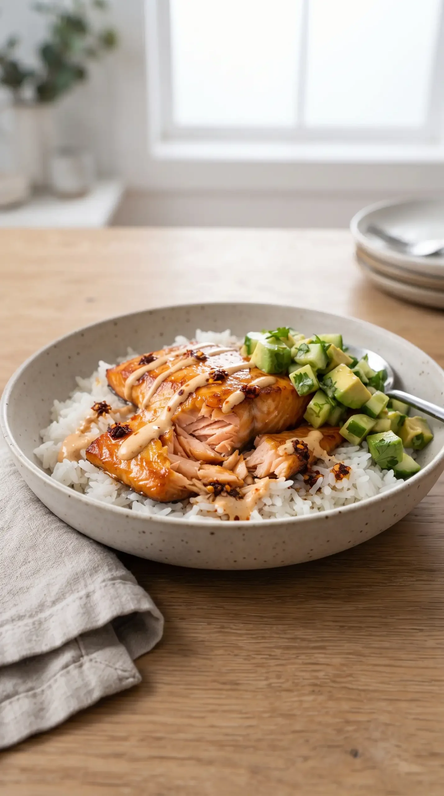 Baked bang bang salmon bowl with caramelized sauce, white rice, and avocado cucumber salsa
