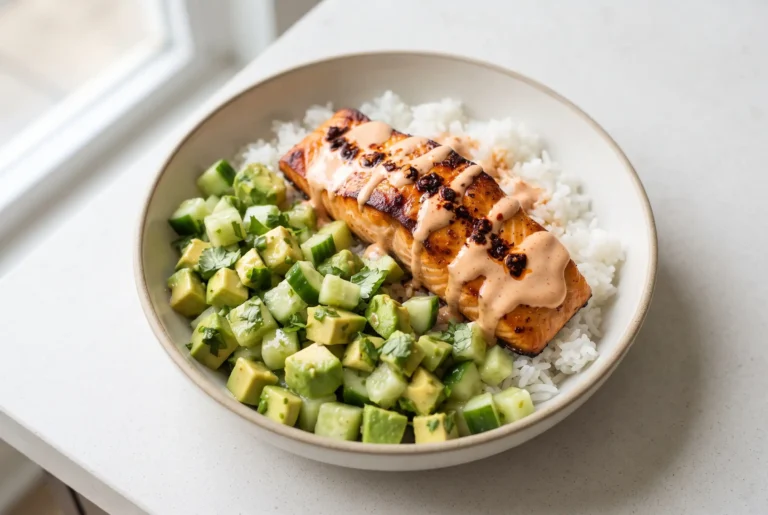 Bang bang salmon rice bowl with avocado cucumber salsa, white rice, and creamy sweet chili sauce
