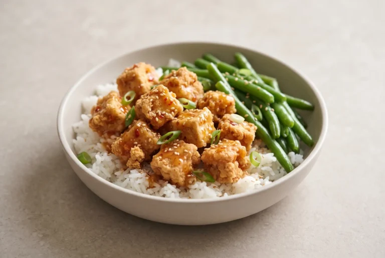 Bang bang tofu with sweet chili glaze served over rice with green beans and sesame garnish