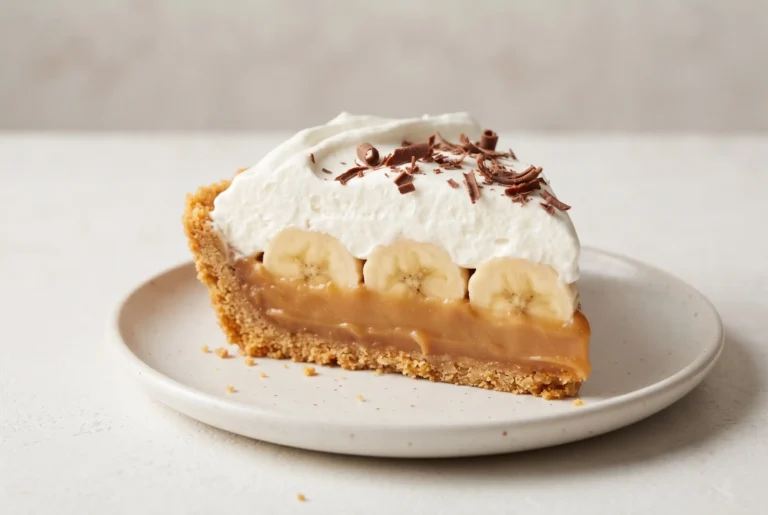 Slice of banoffee pie with graham cracker crust, toffee filling, bananas, whipped cream, and chocolate shavings