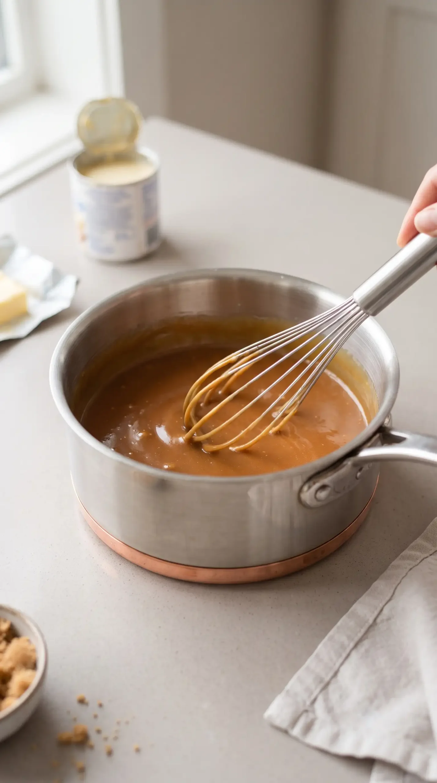Caramel toffee filling for banoffee pie being stirred in a saucepan