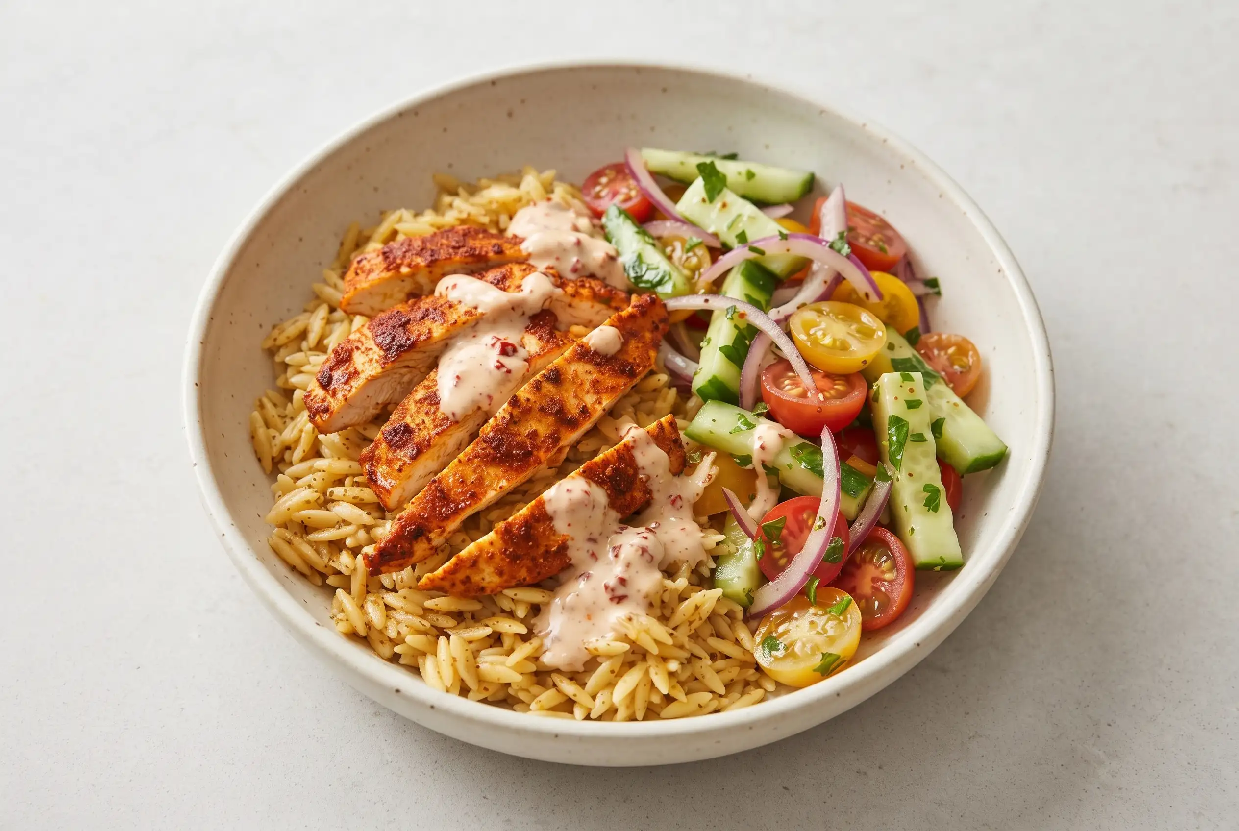 Banza chicken bowl with rice, chicken, cucumber tomato salad, and Calabrian chili sauce