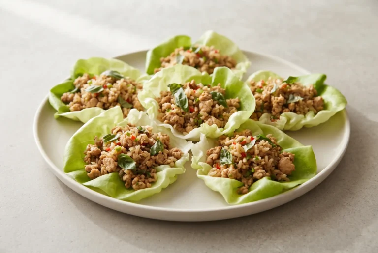 Basil chicken lettuce wraps with ground chicken, brown rice, and fresh basil on a plate