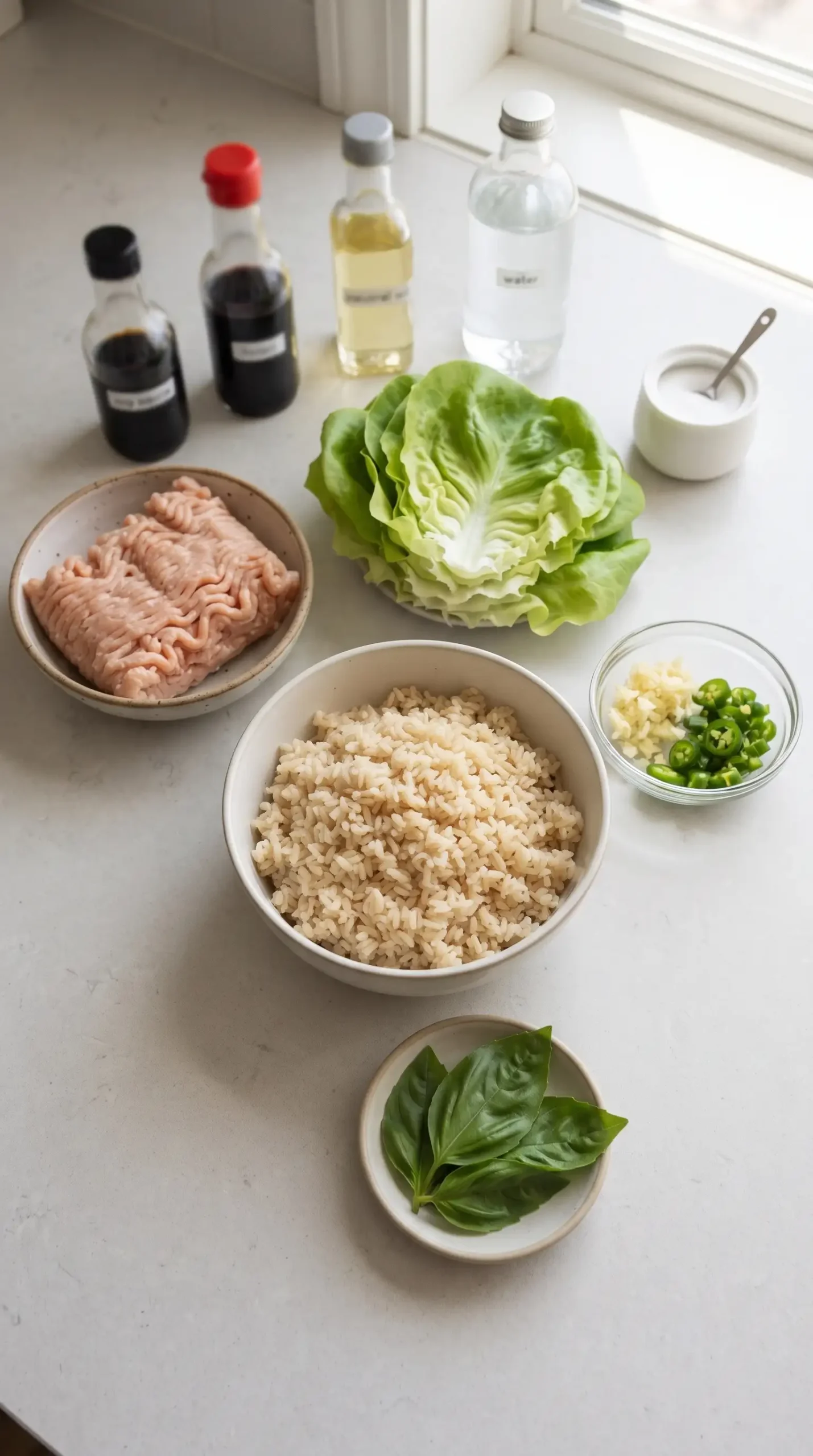 Ingredients for basil chicken lettuce wraps with ground chicken, lettuce, rice, and sauces