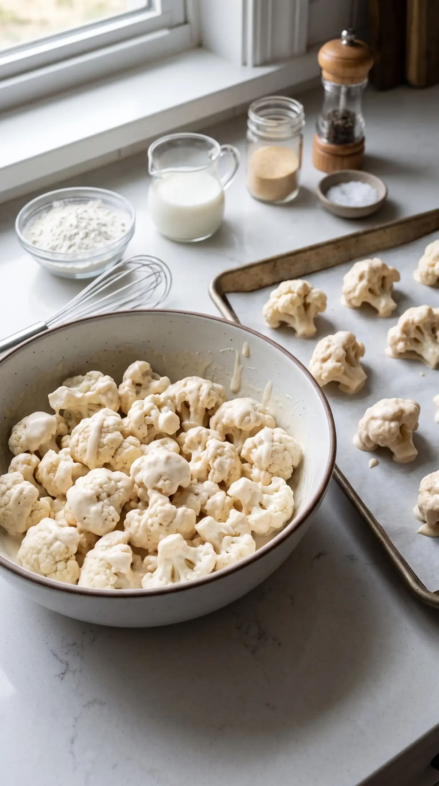 Battered cauliflower florets arranged on a baking sheet before baking