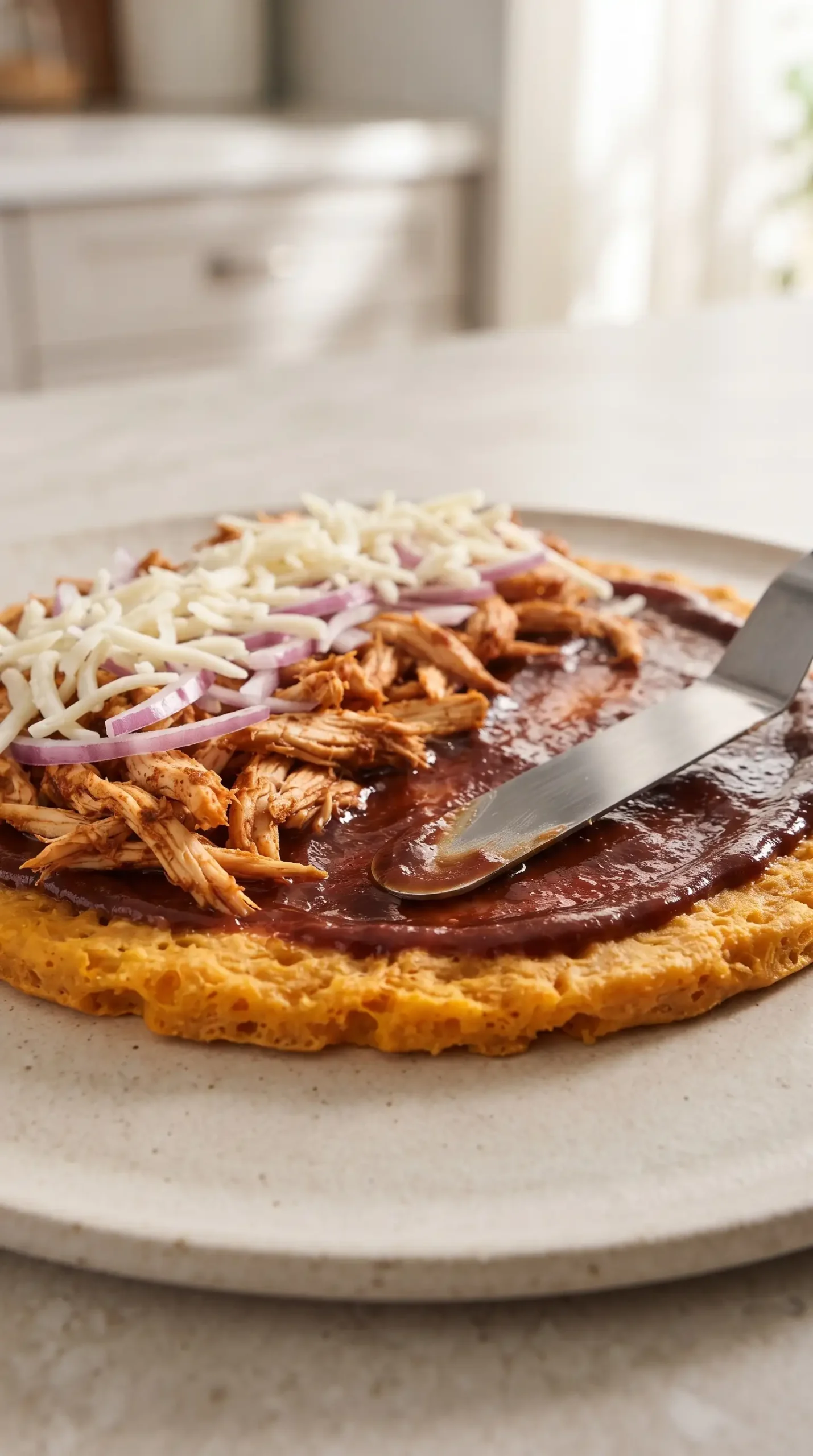 Sweet potato pizza crust layered with barbecue sauce, chicken, red onion, and mozzarella