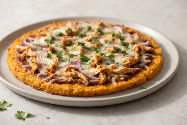 BBQ chicken pizza with sweet potato crust, mozzarella, barbecue sauce, red onion, and cilantro