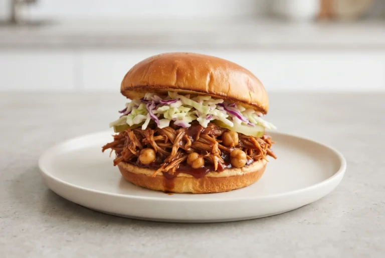 BBQ jackfruit sandwich with smoky shredded filling, creamy slaw, and toasted brioche bun
