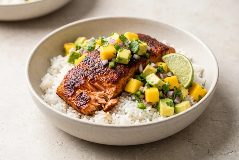 BBQ salmon bowl with rice and mango avocado salsa topped with seasoned roasted salmon