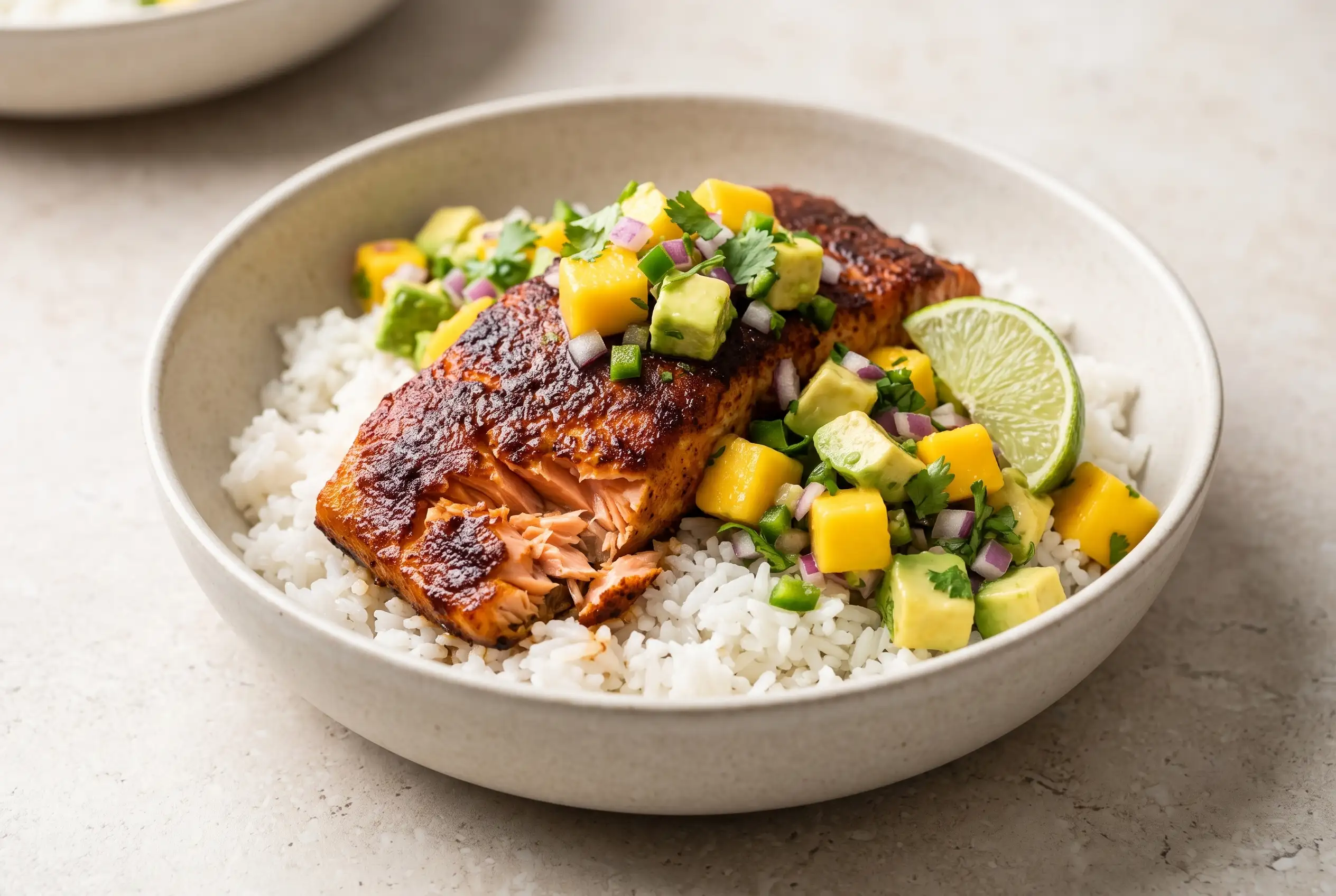 BBQ salmon bowl with rice and mango avocado salsa topped with seasoned roasted salmon