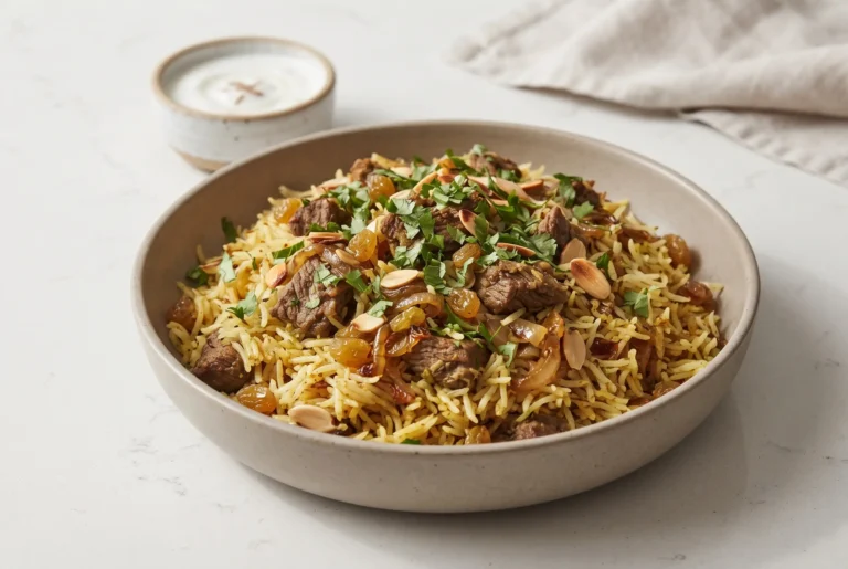 Beef biryani with basmati rice, tender beef, caramelized onions, almonds, raisins, and cilantro
