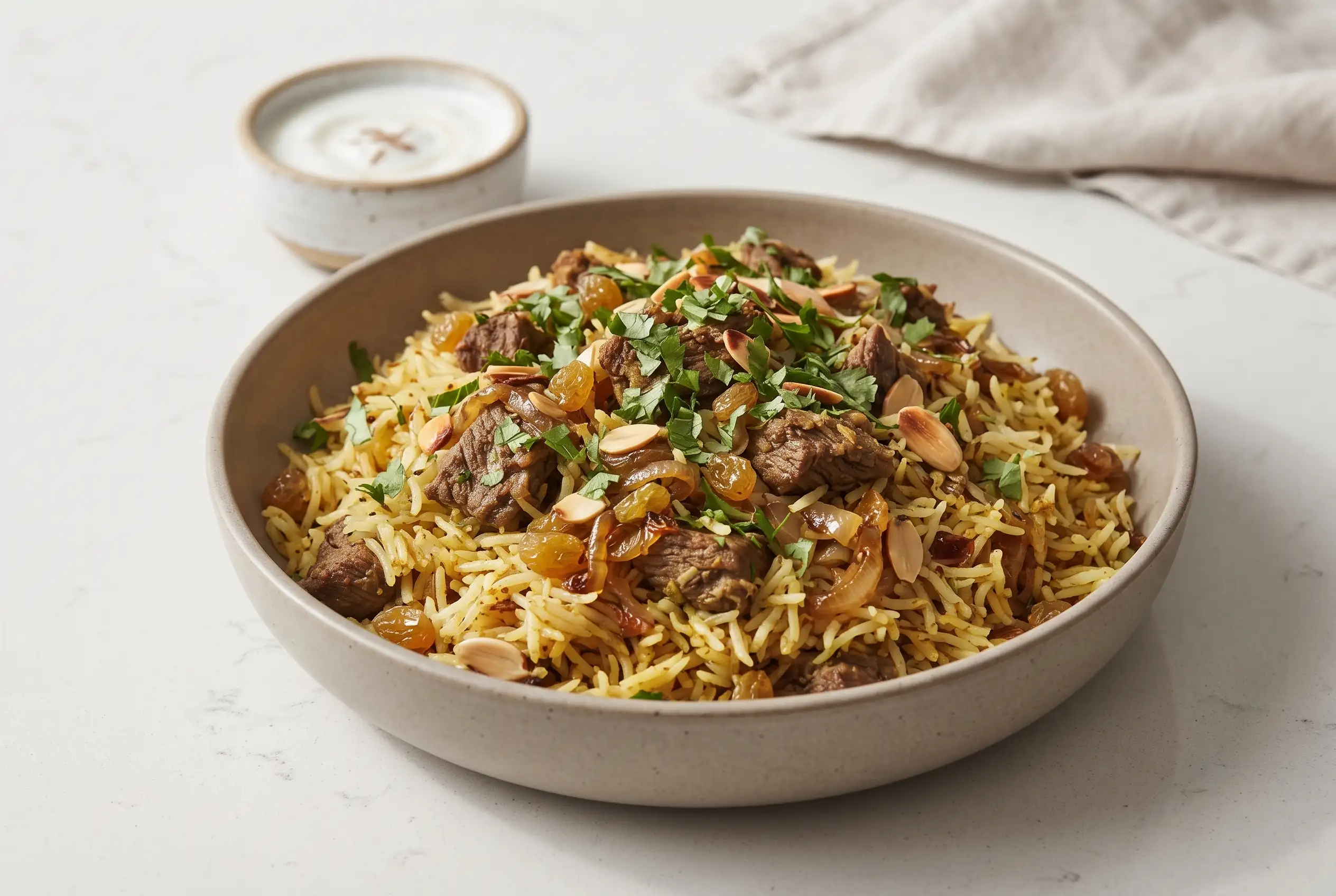 Beef biryani with basmati rice, tender beef, caramelized onions, almonds, raisins, and cilantro