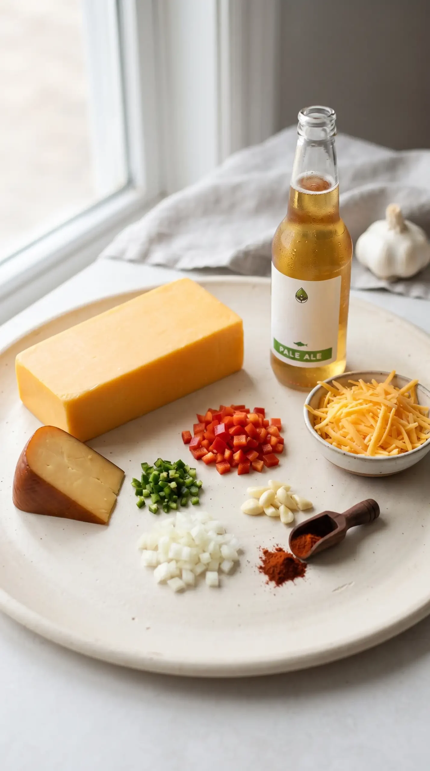 Cheddar, smoked cheddar, beer, and vegetables prepared for beer cheese soup