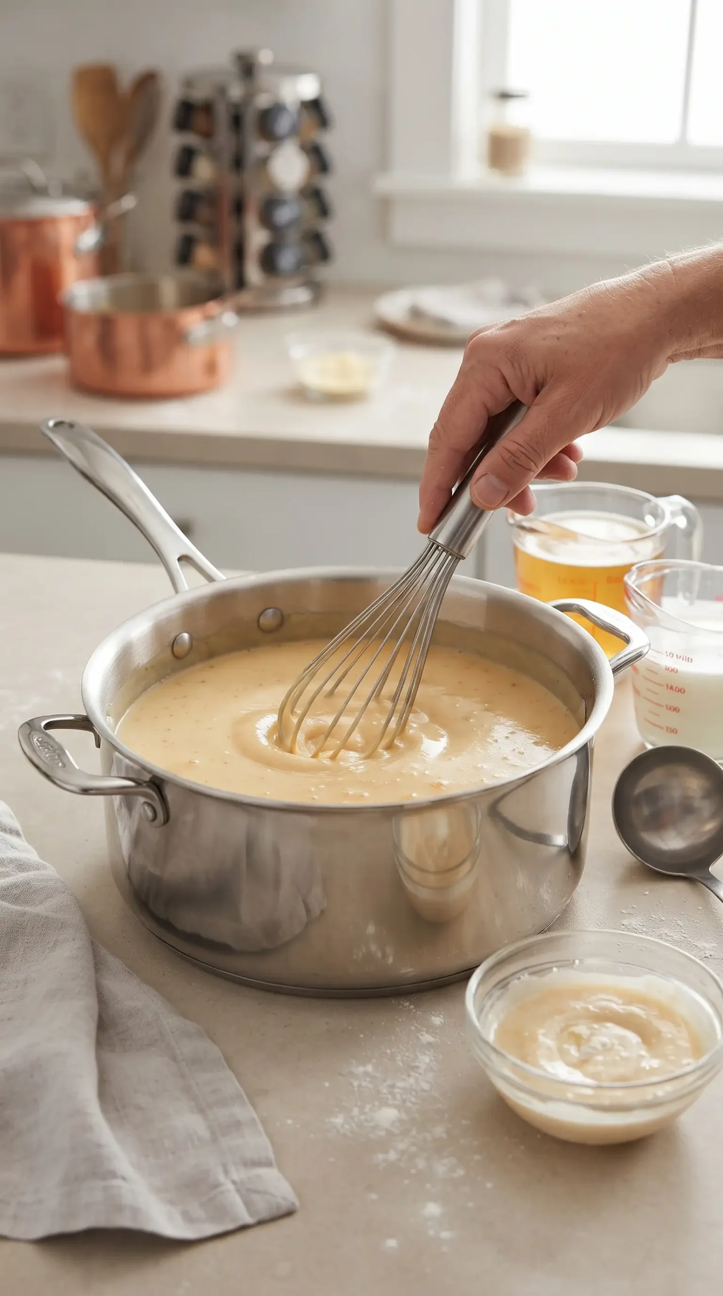 Roux being whisked into the creamy base for beer cheese soup