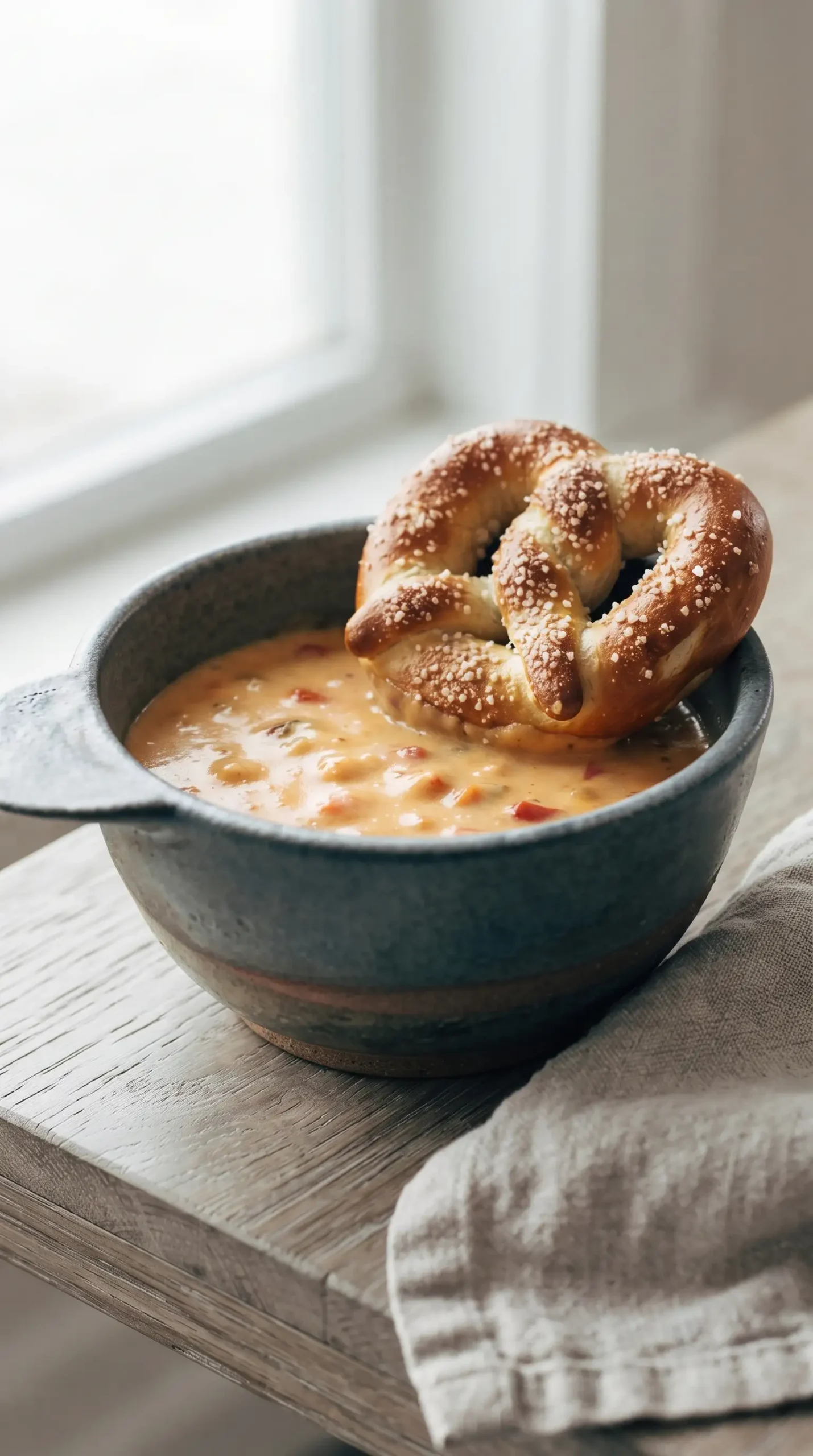 Creamy beer cheese soup served with a soft salted pretzel for dipping