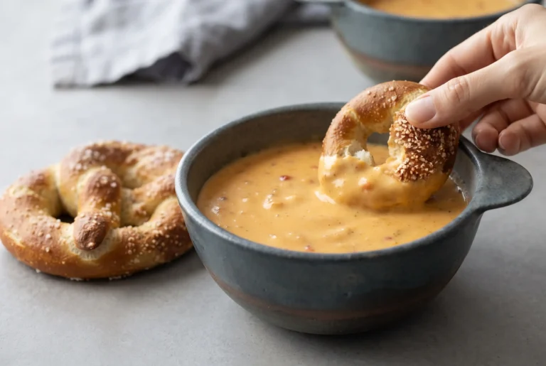 Beer cheese soup with smoked cheddar served in a bowl with a soft pretzel for dipping