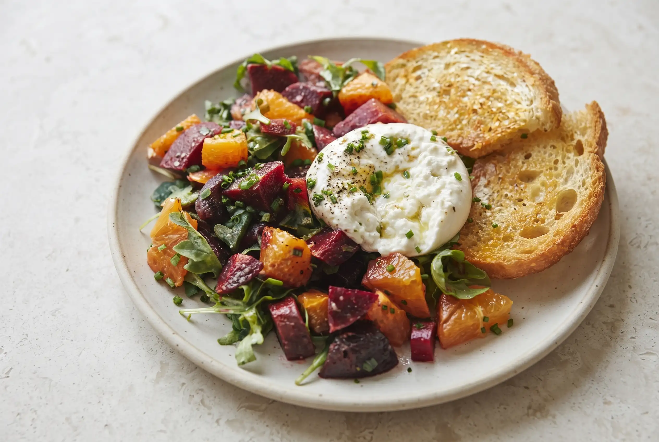 Beet burrata salad with oranges, arugula, and crisp fried sourdough bread on a plate