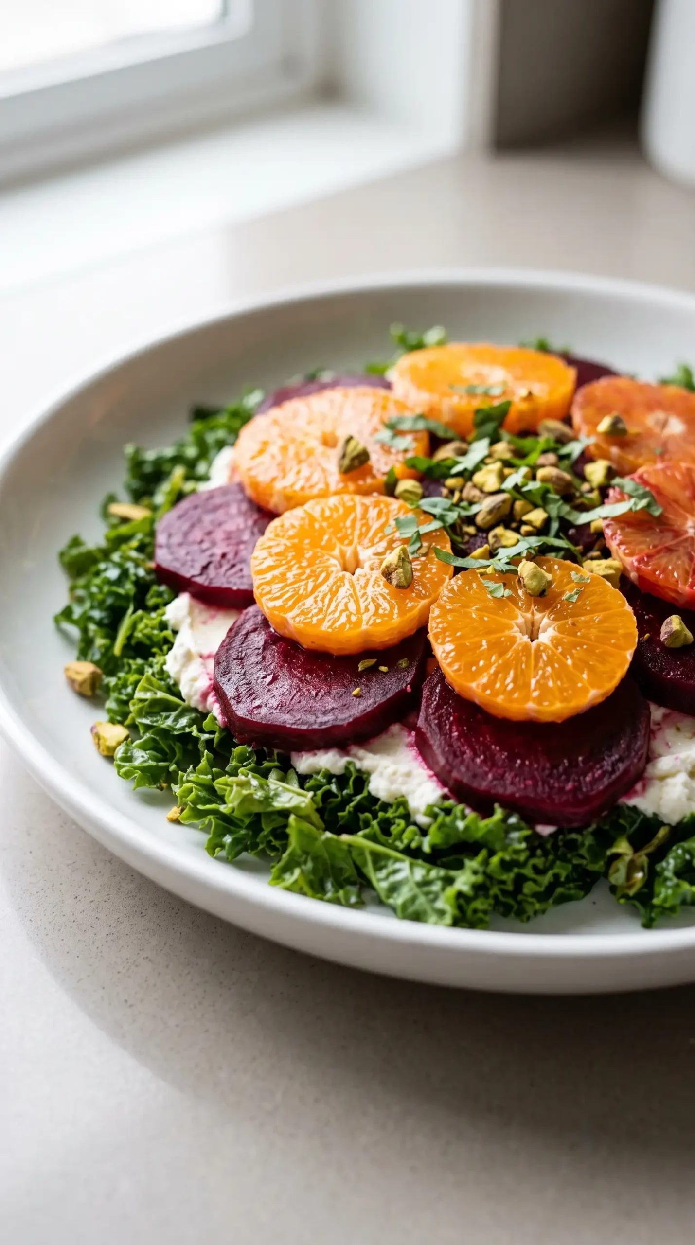 Layers of kale, beets, oranges, and ricotta being arranged for a beet salad