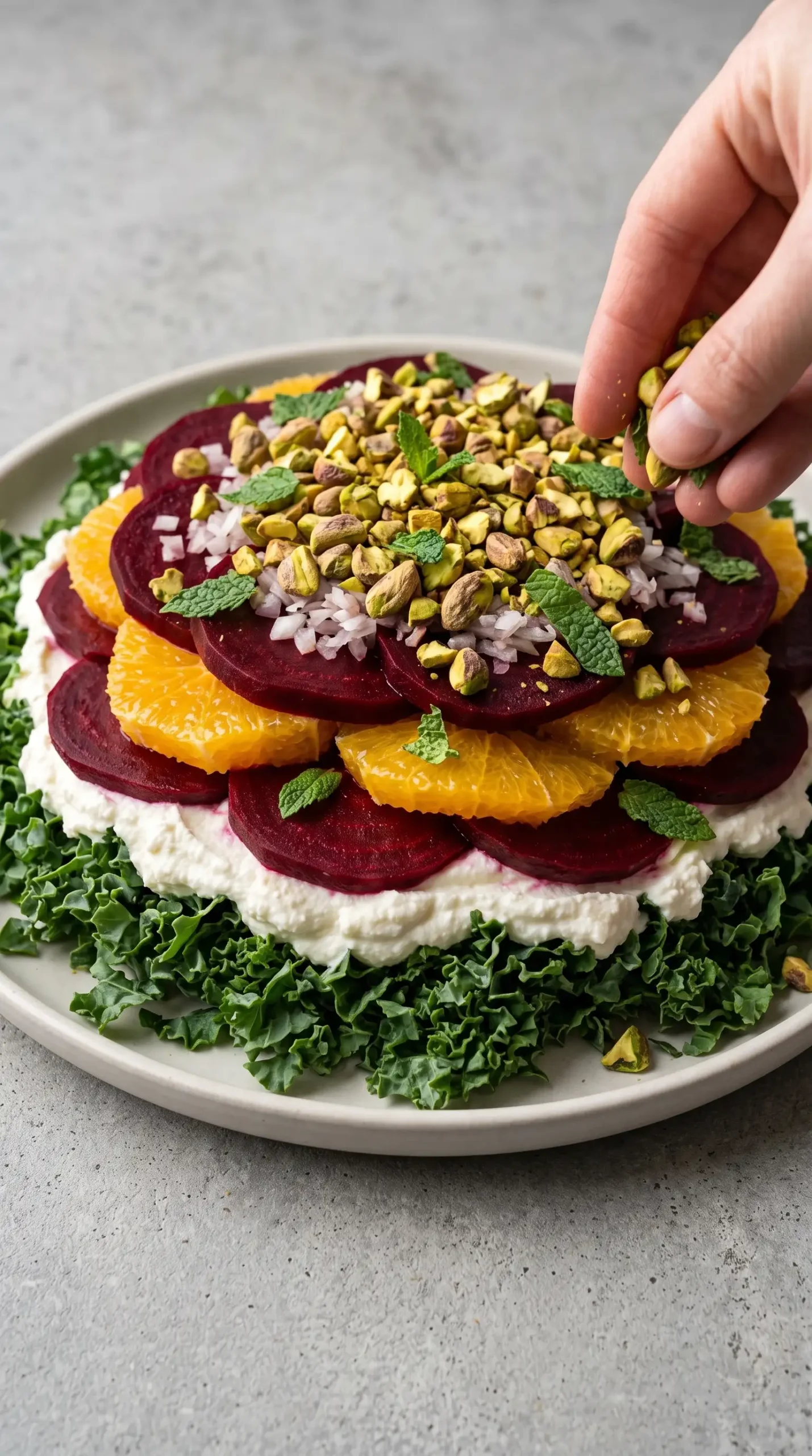 Finished beet salad topped with pistachios and mint over layers of kale, beets, and oranges