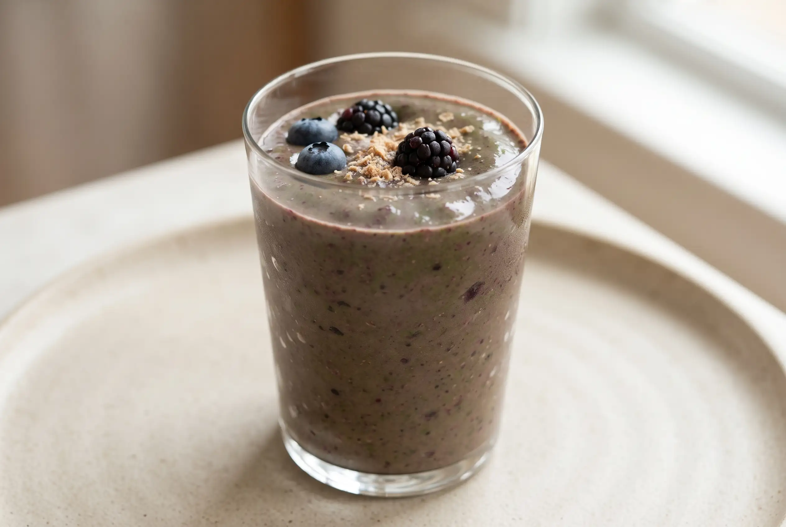 Berry green smoothie with spinach and frozen berries in a clear glass