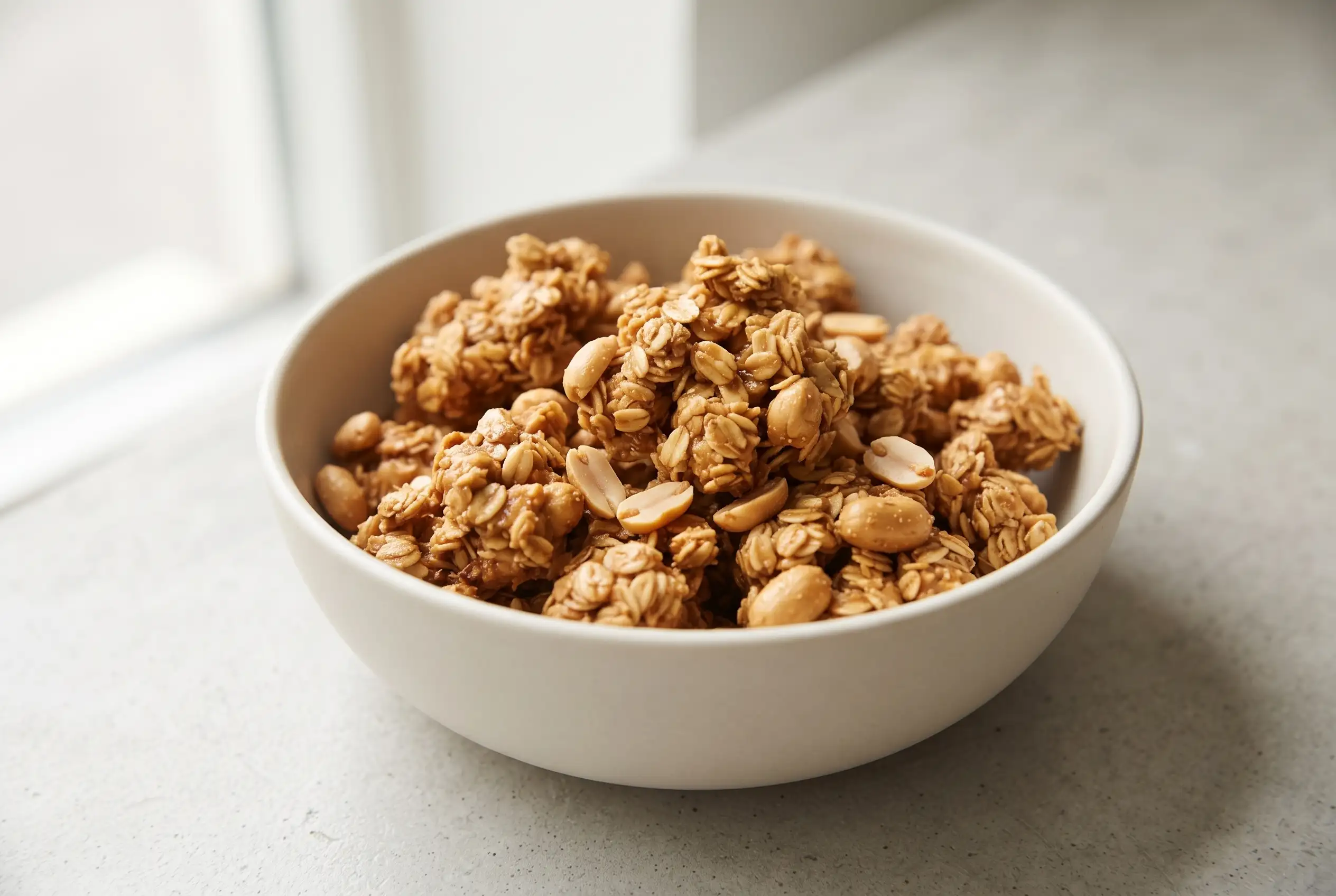 Big Cluster Peanut Butter Granola with golden oat clusters and roasted peanuts in a ceramic bowl