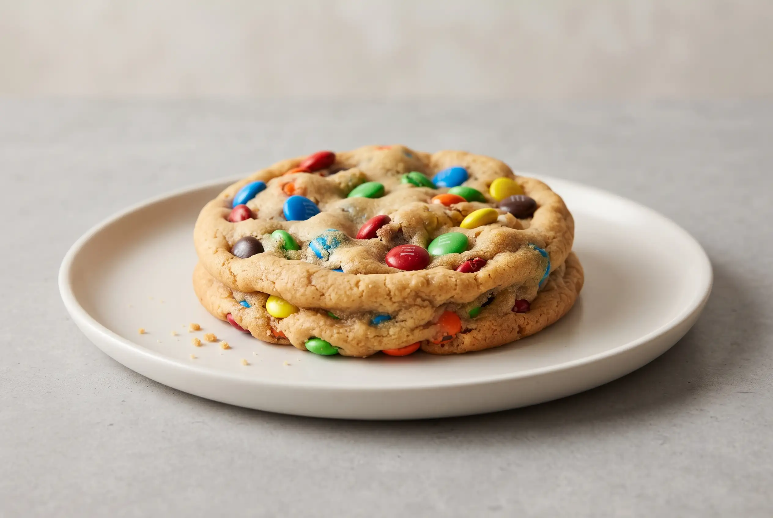 Big soft M&M cookie with colorful candy pieces on a ceramic plate