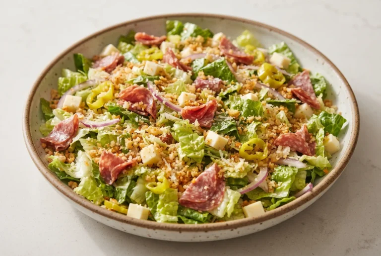 Italian salad with salami, pepperoncini, romaine, cheese, and toasted panko in a bowl