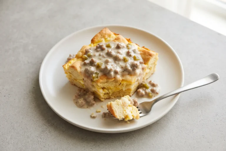 Biscuits and gravy egg bake slice with sausage, green chiles, eggs, and melted cheddar