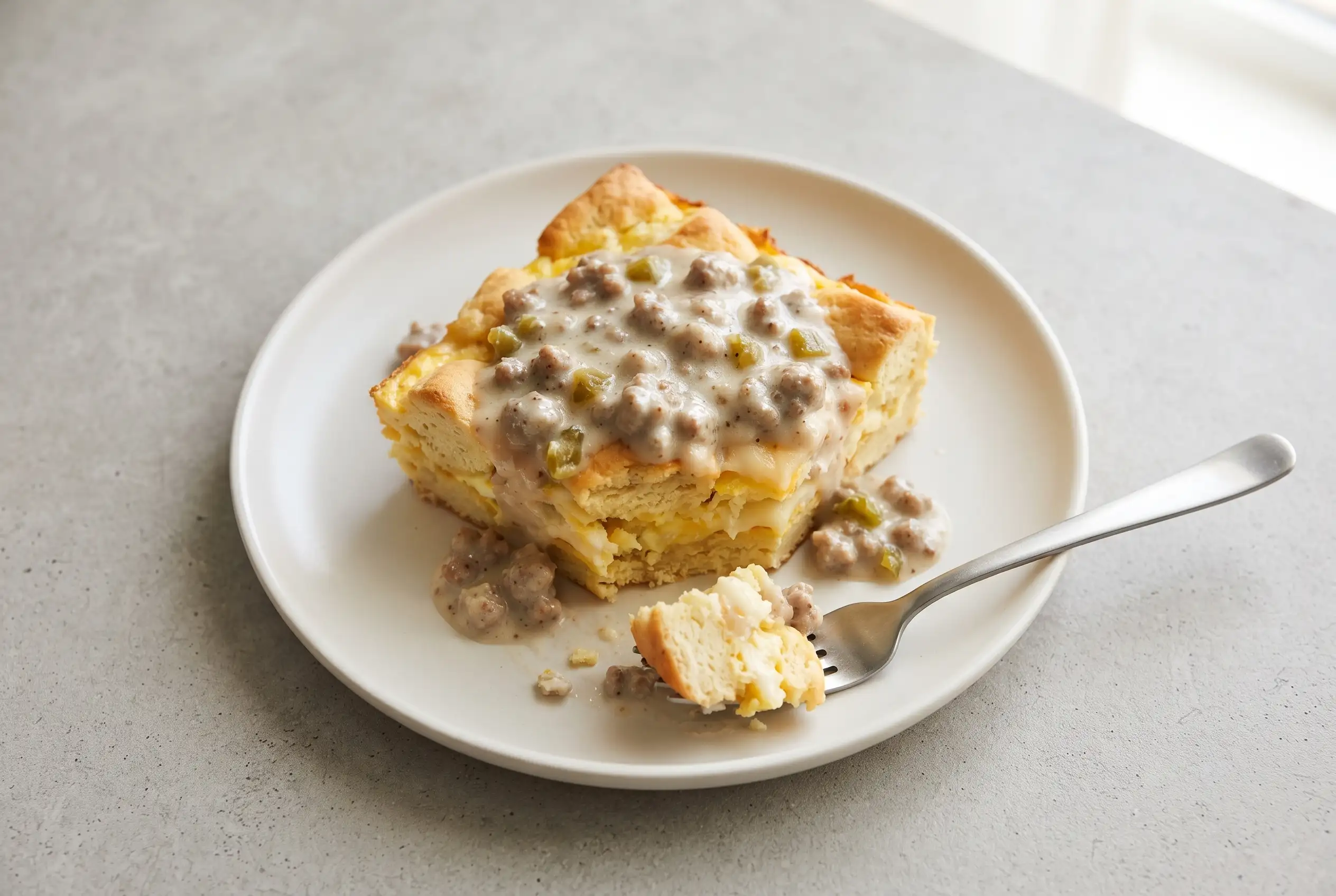 Biscuits and gravy egg bake slice with sausage, green chiles, eggs, and melted cheddar