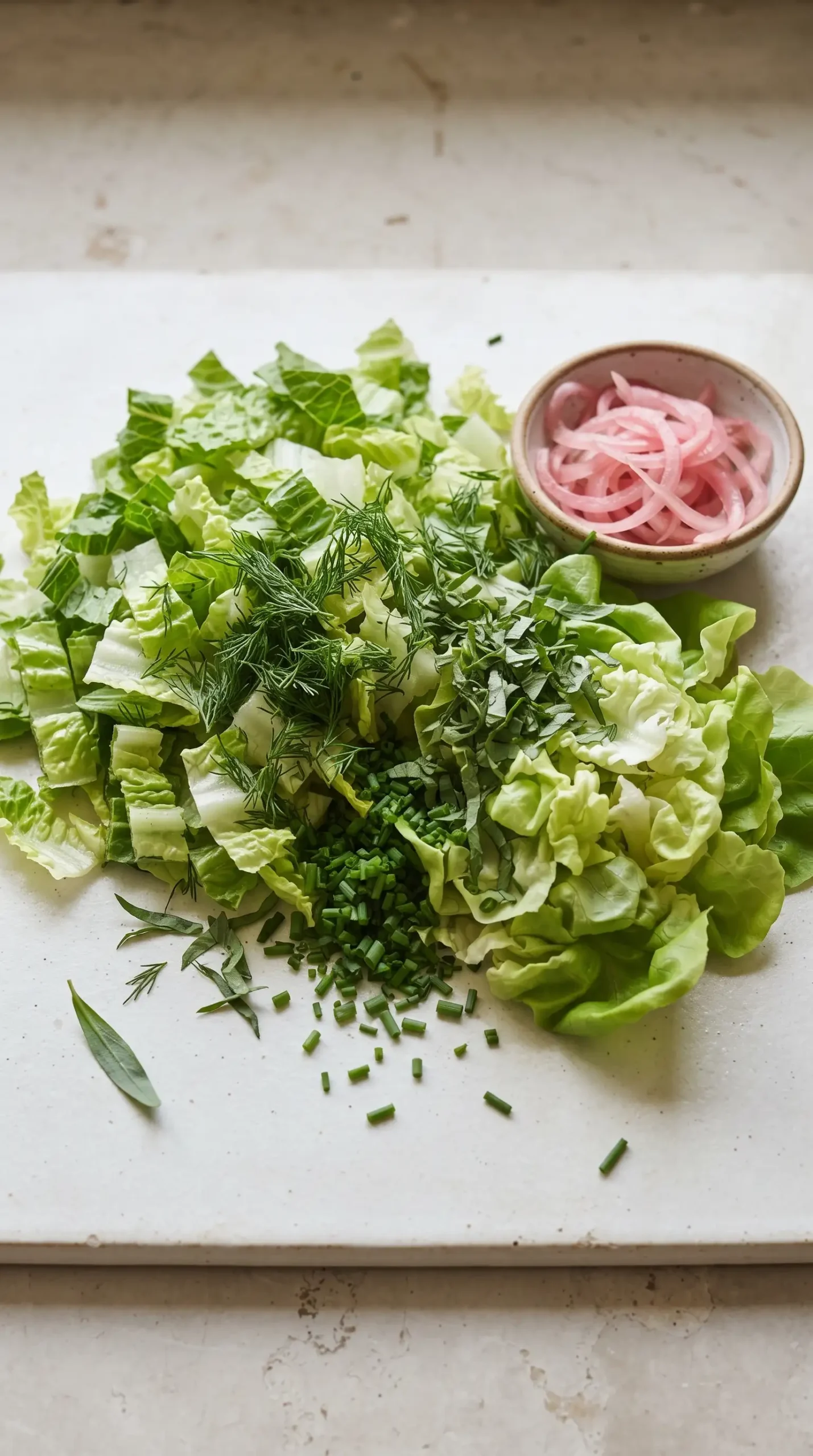 Professional food photography close-up of the ingredients and fresh greens that create Liz's Bistro Salad, arranged on a clean light-colored ceramic surface. Show chopped romaine lettuce pieces, torn butter lettuce leaves, fresh dill, minced chives, and minced tarragon as the primary subjects with a small bowl of sliced pickled red onions nearby. Keep it as an organized ingredient preparation scene, not a finished salad bowl. Use natural soft daylight, realistic textures, minimal props, and a simple neutral background.