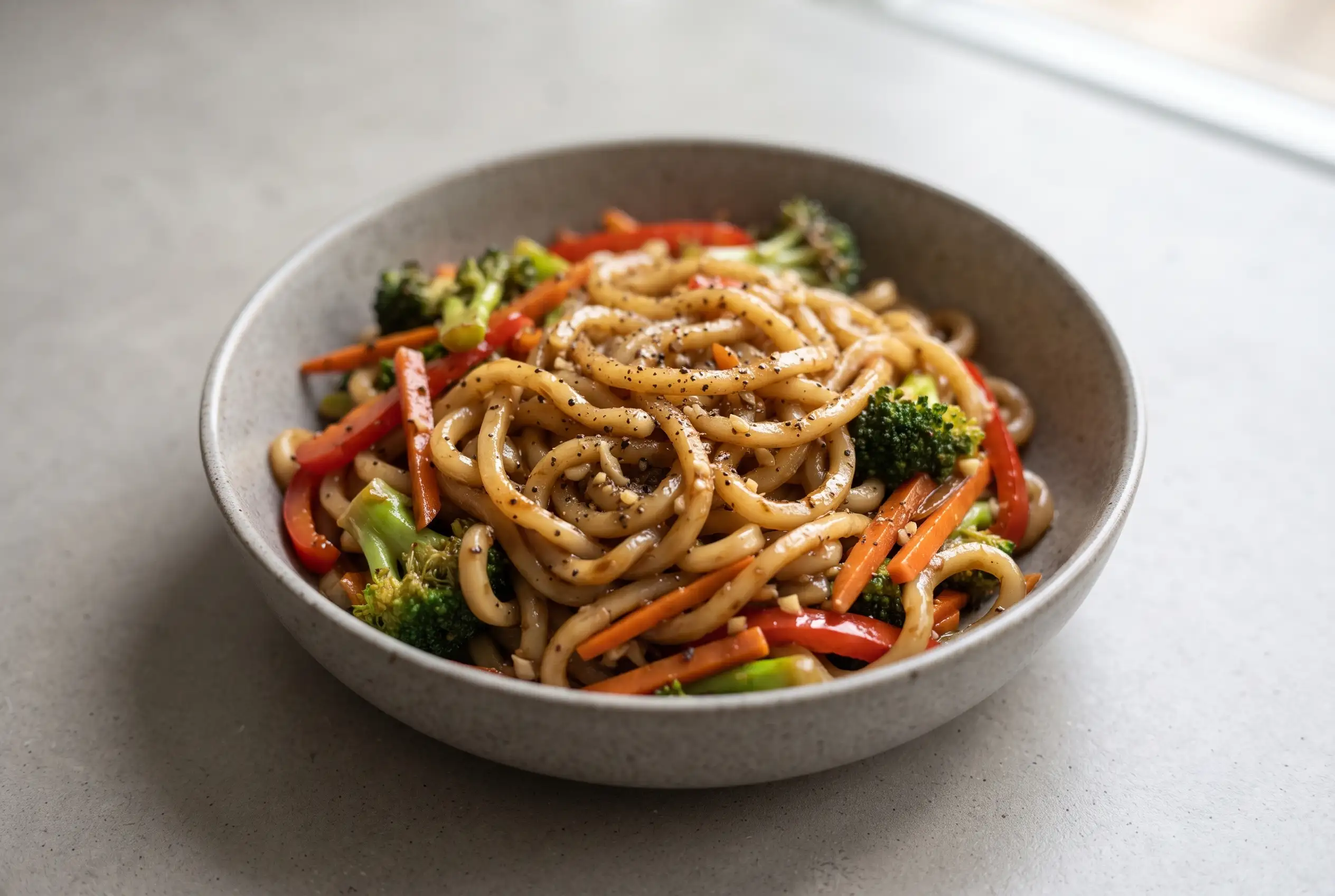 Black pepper udon with glossy stir-fried noodles, vegetables, and fresh cracked pepper in a bowl