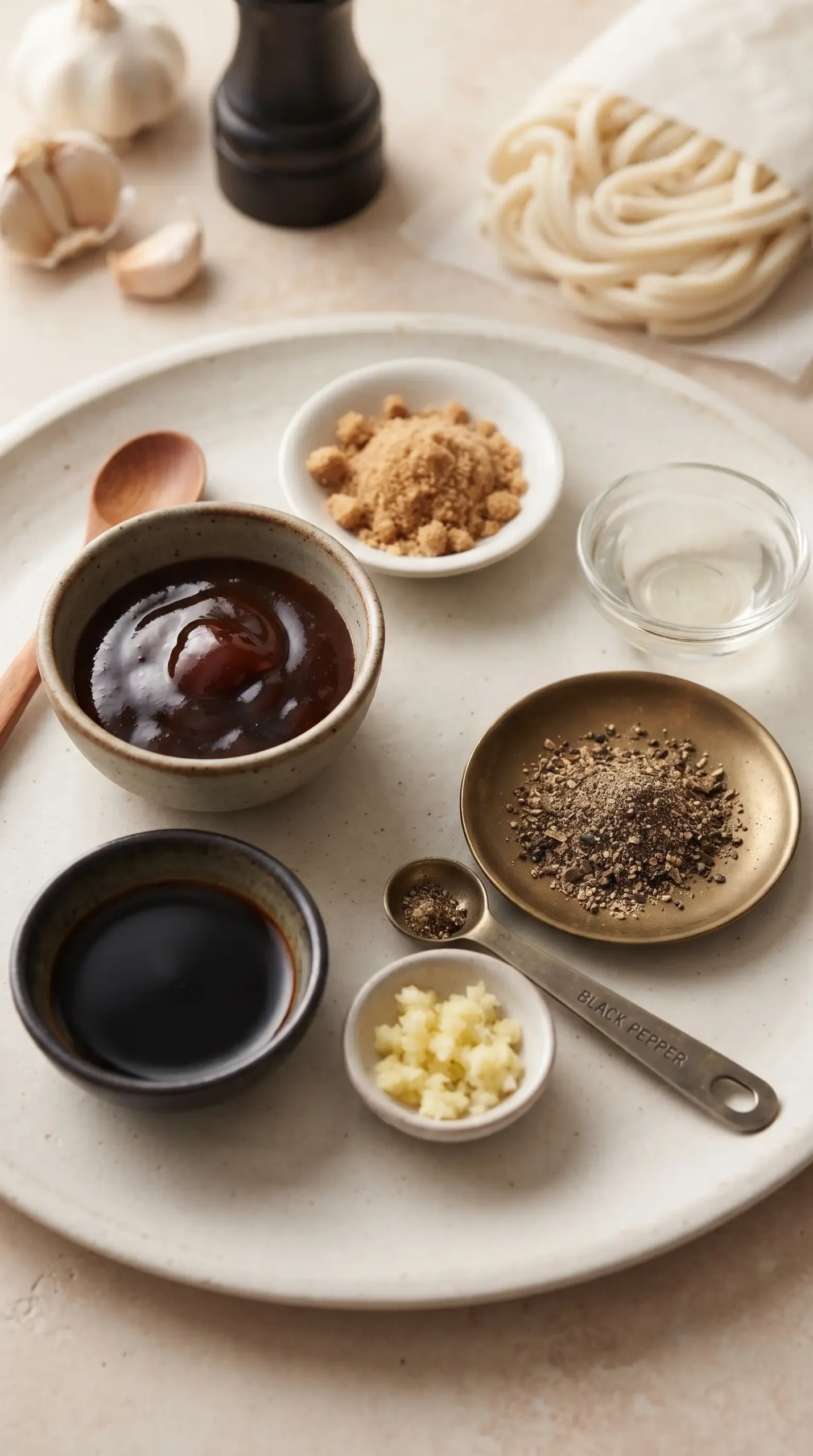 Soy sauce, oyster sauce, garlic, brown sugar, rice vinegar, and black pepper for udon sauce