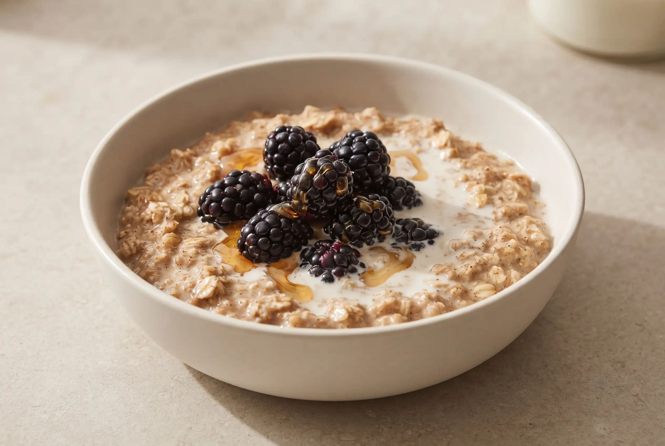 Blackberries and cream oats topped with fresh berries, honey, and a splash of cream in a breakfast bowl