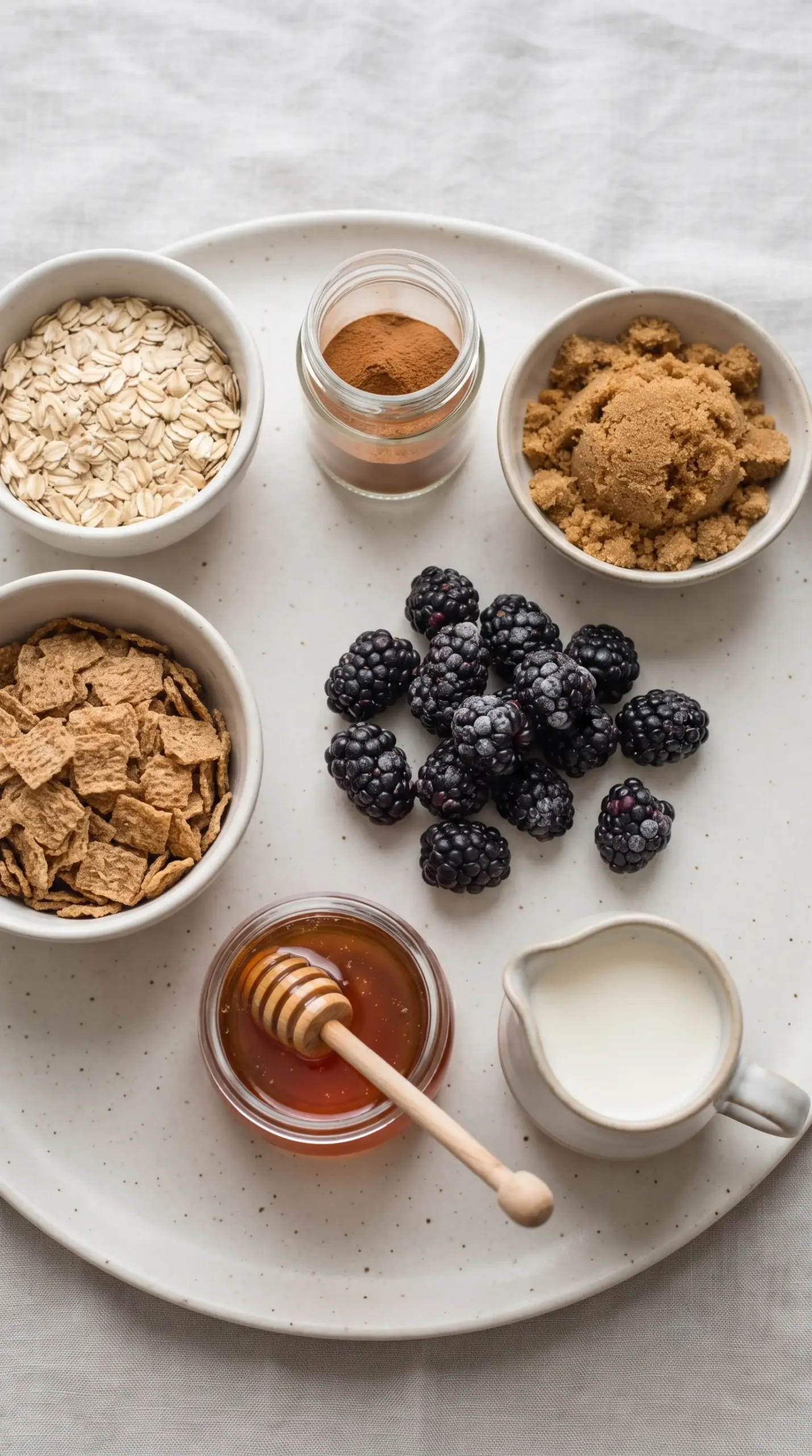Oats, bran cereal, cinnamon, brown sugar, blackberries, and honey prepared for oatmeal