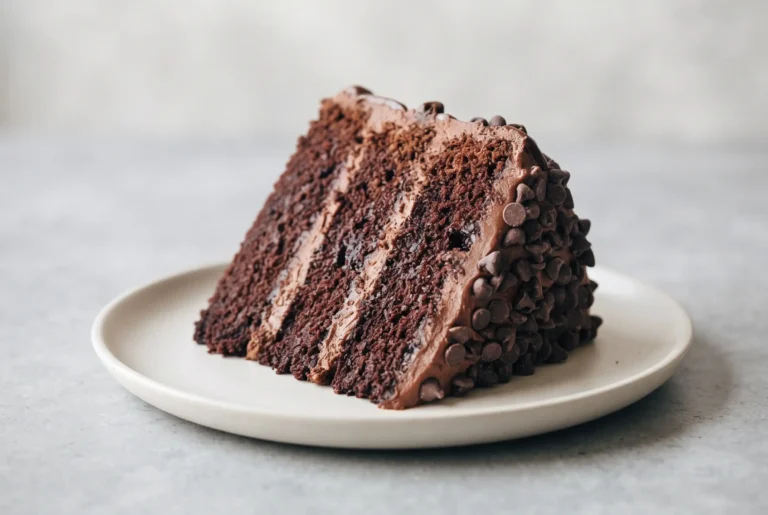 Slice of blackout chocolate cake with cream cheese frosting and chocolate chip coating